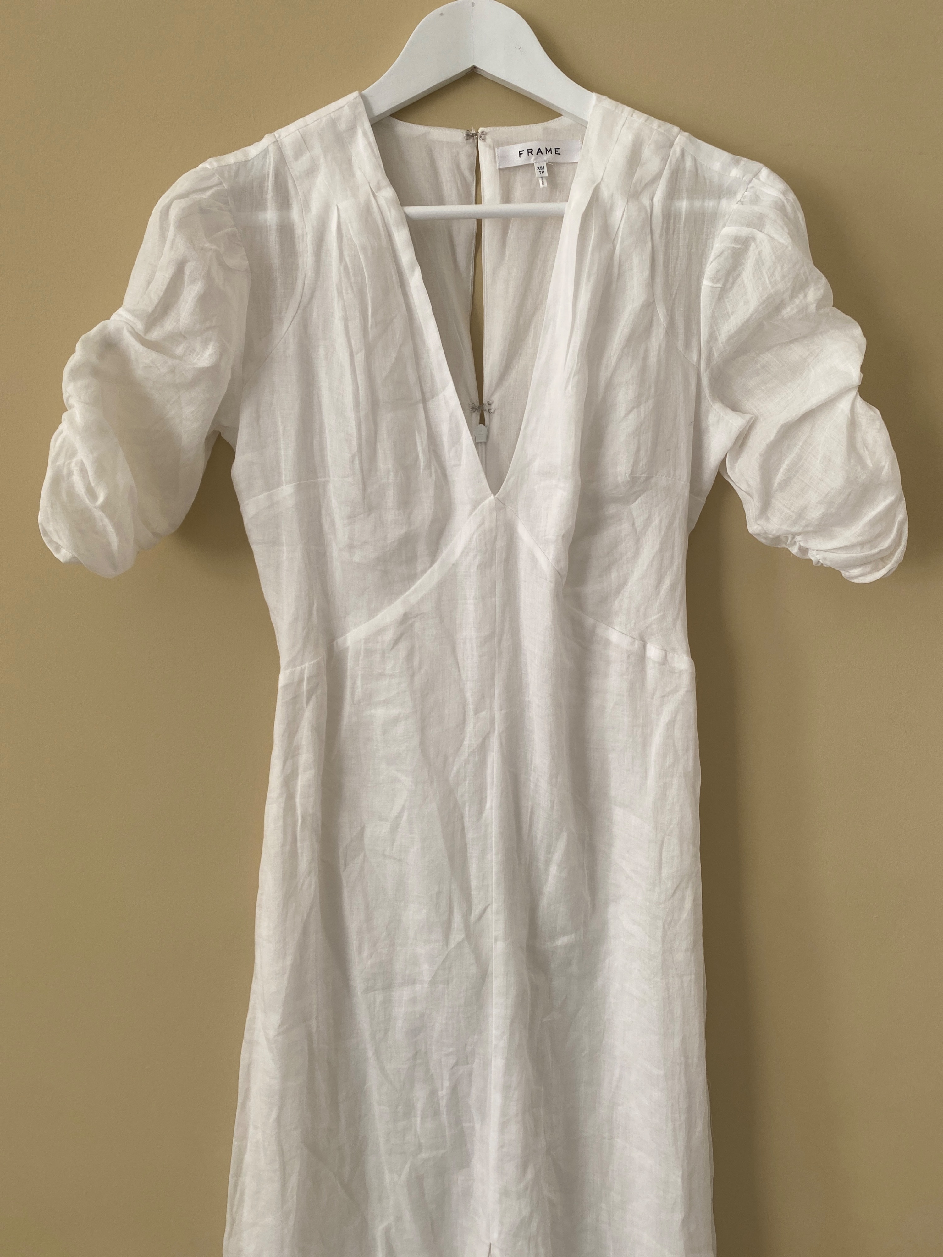 Frame White Shirred Sleeve Cotton Midi Dress Size XS