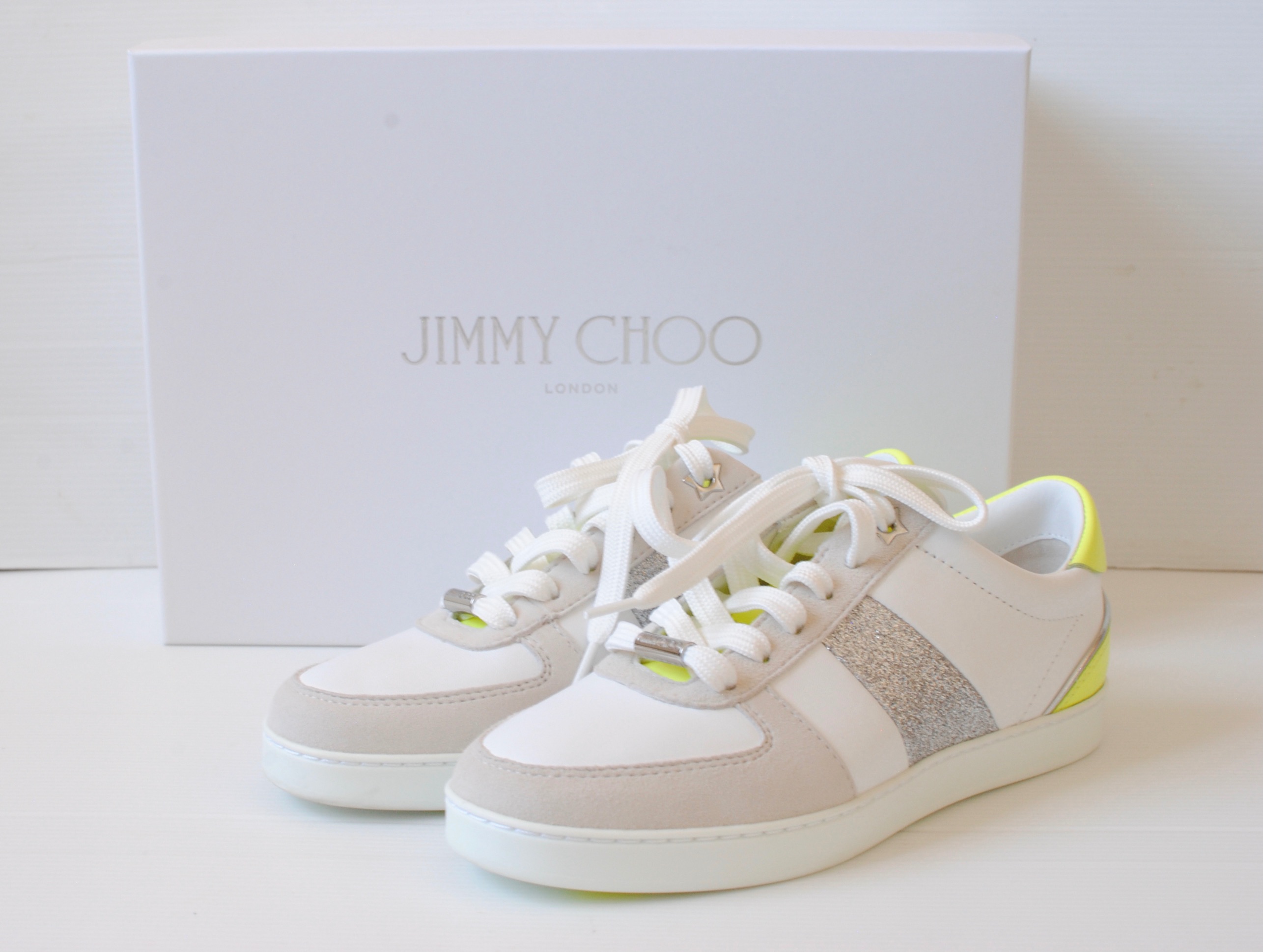 Jimmy Choo White Glitter and Neon Sneakers Size 35.5 leather