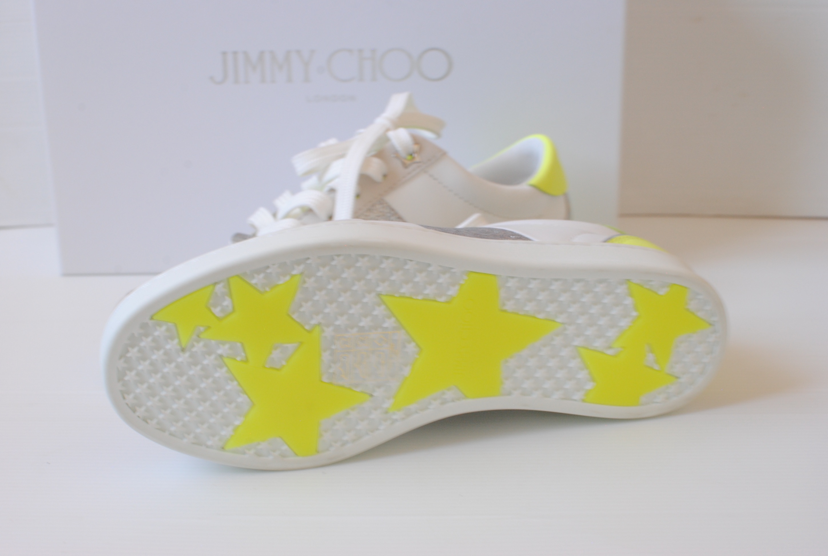 Jimmy Choo White Glitter and Neon Sneakers Size 35.5 leather