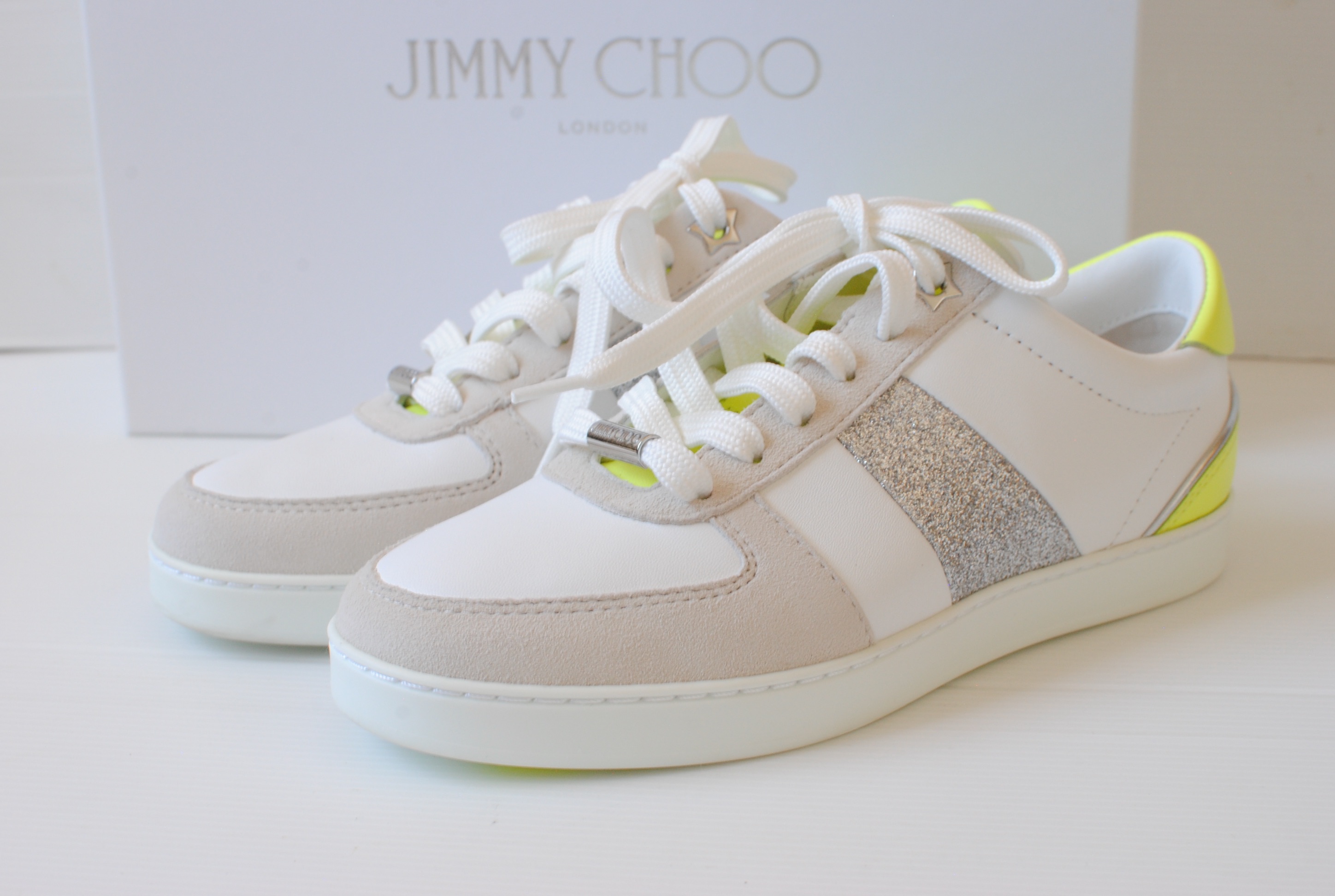 Jimmy Choo White Glitter and Neon Sneakers Size 35.5 leather