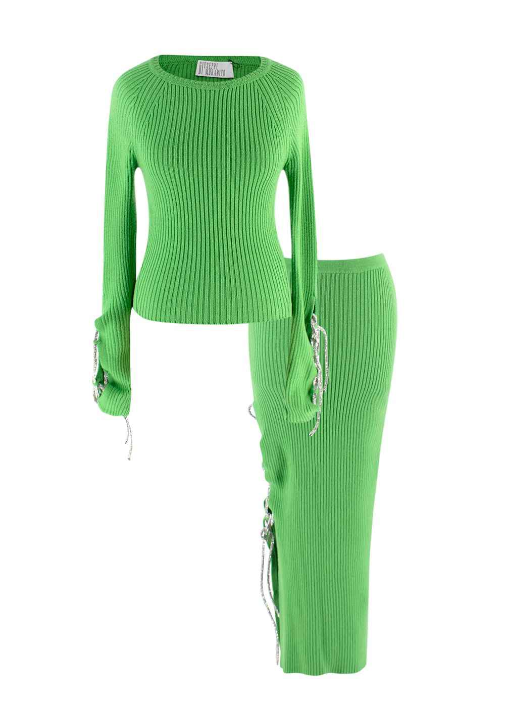 Giuseppe Di Morabito Green Ribbed Crystal Detail Skirt and Top Set Size XXS wool