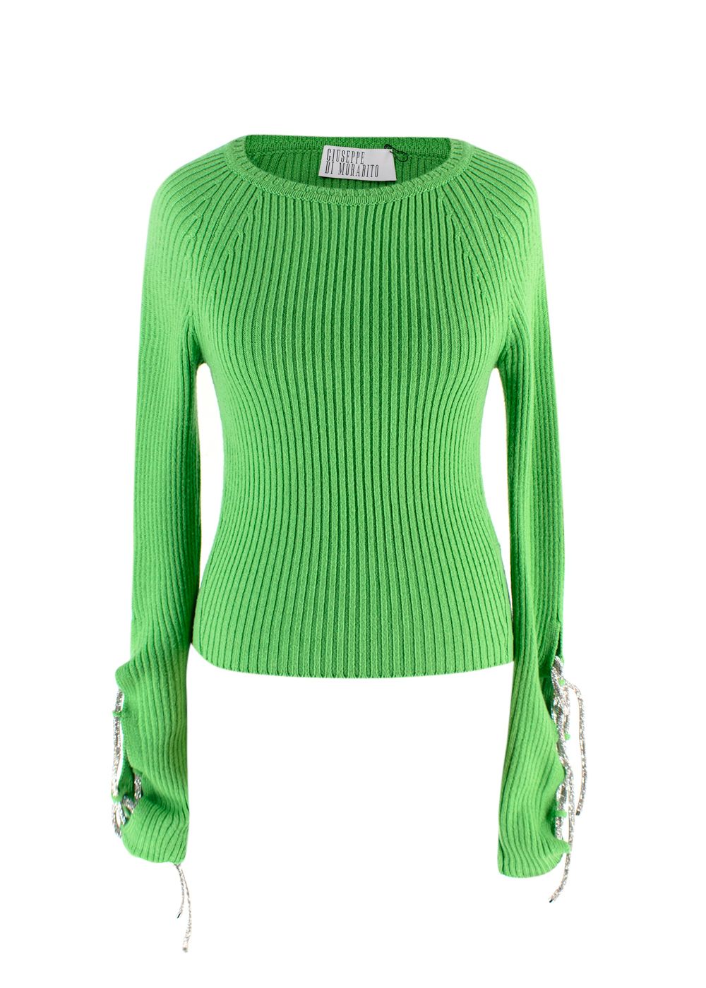 Giuseppe Di Morabito Green Ribbed Crystal Detail Skirt and Top Set Size XXS wool