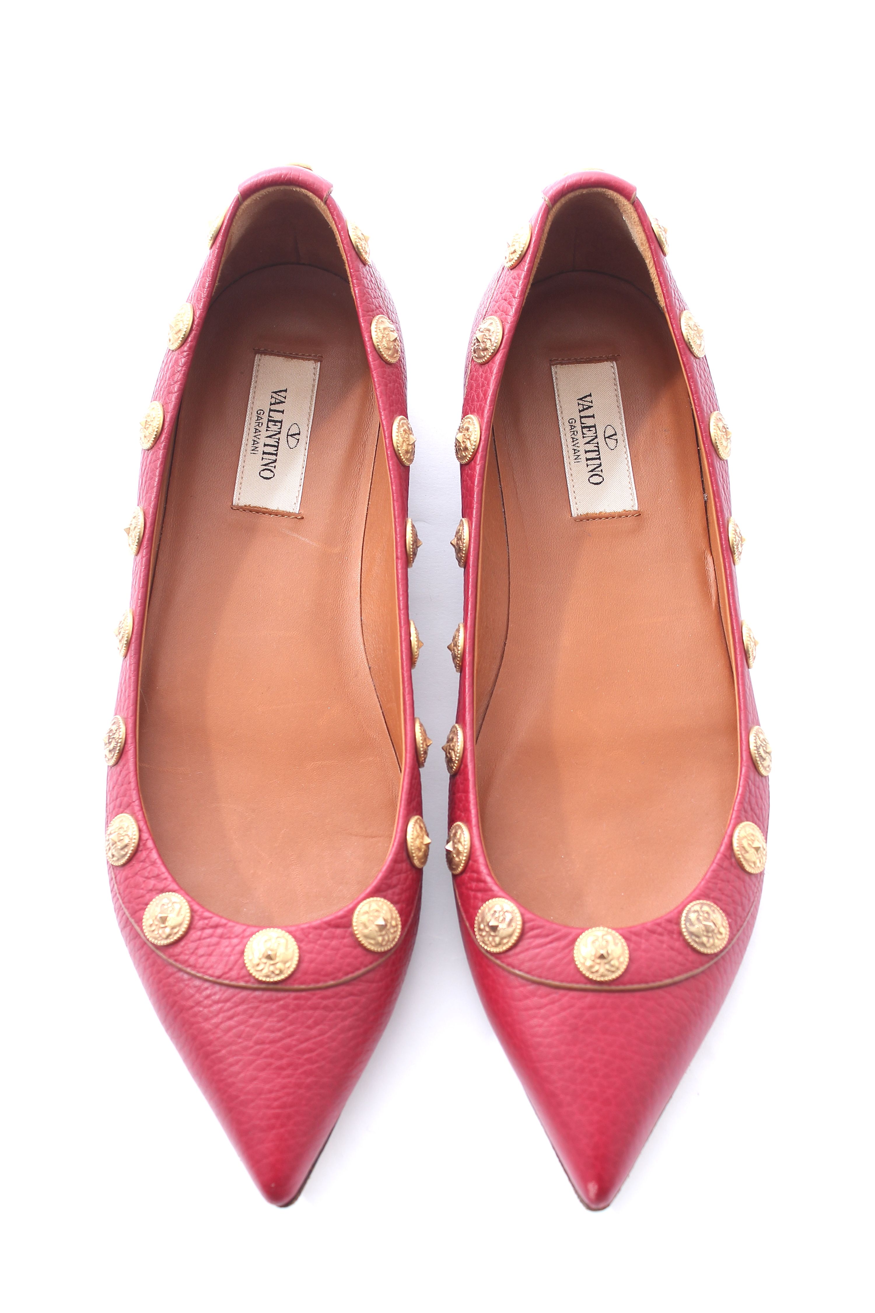 Preowned Valentino Red Embellished Pointed Toe Ballet Flats Size 395 leather