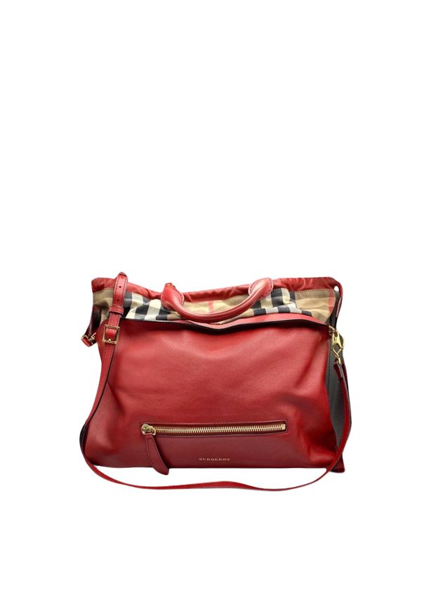 Preowned Burberry Red Leather/House Check Big Crush Bag Size L dark red leather