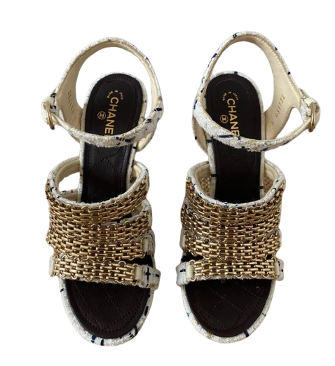 Preowned Chanel Tweed Chain Embellished Heeled Sandals Size 37 WHITE