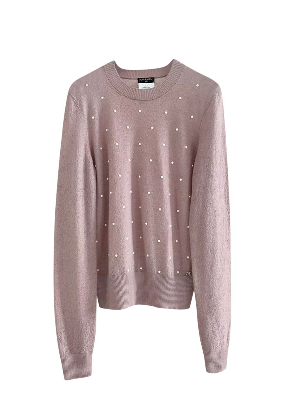 Preowned Chanel Faux Pearl Embellished Cashmere  Mohair Dusty Pink Jumper Size S dusty rose mohair/cashmere