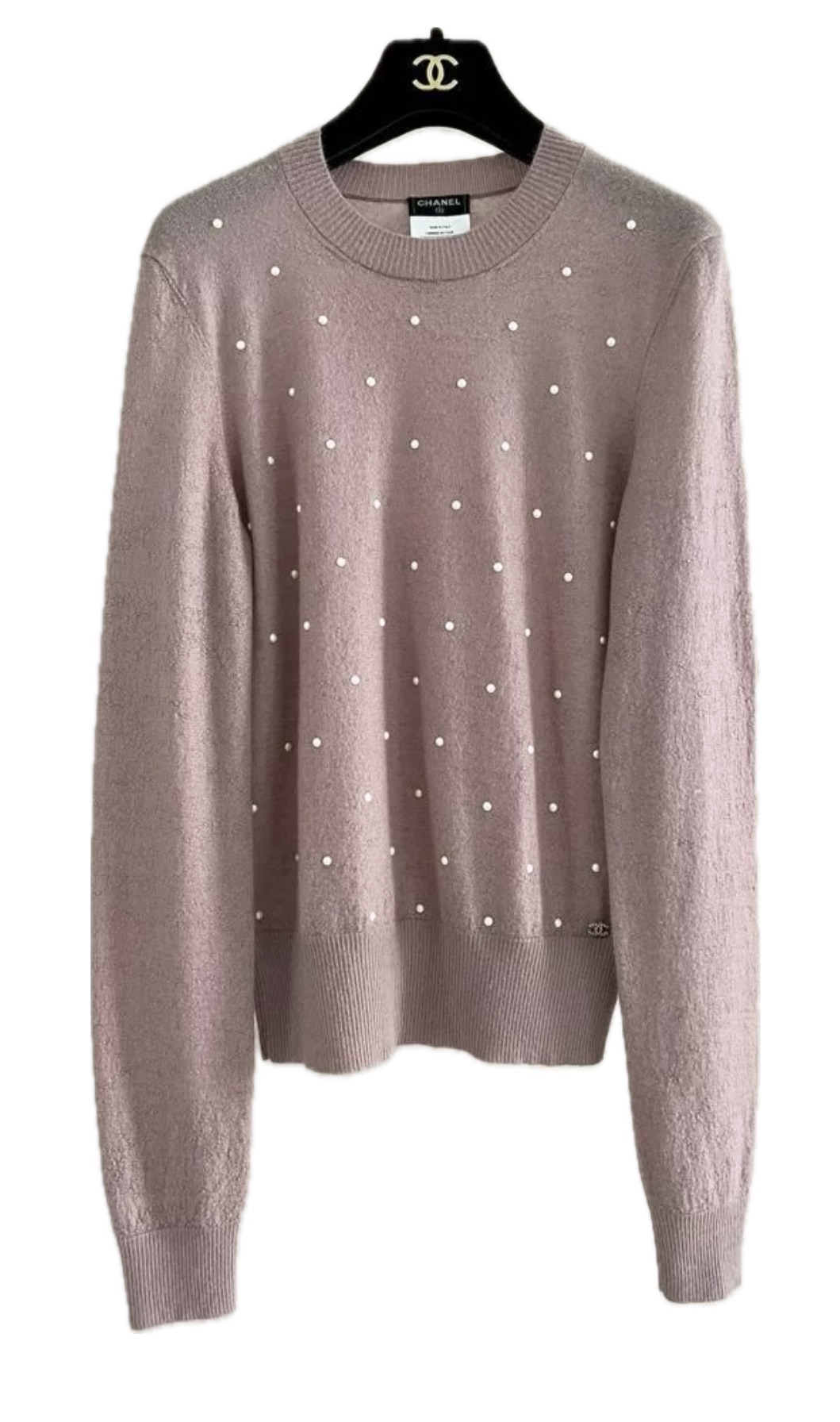 Preowned Chanel Faux Pearl Embellished Cashmere  Mohair Dusty Pink Jumper Size S dusty rose mohair/cashmere