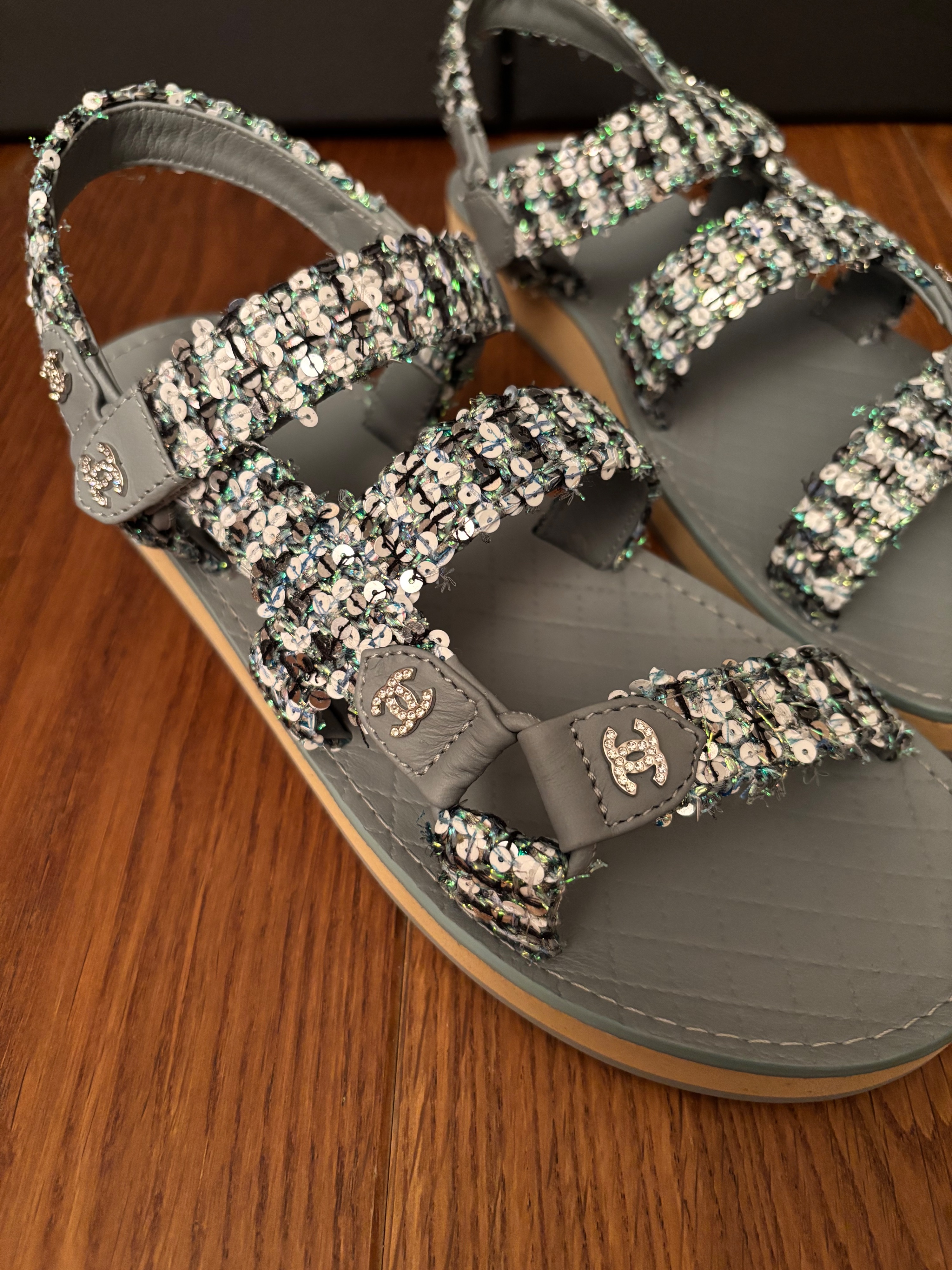 Chanel Green Sequin Tweed Dad Sandals Size 39.5