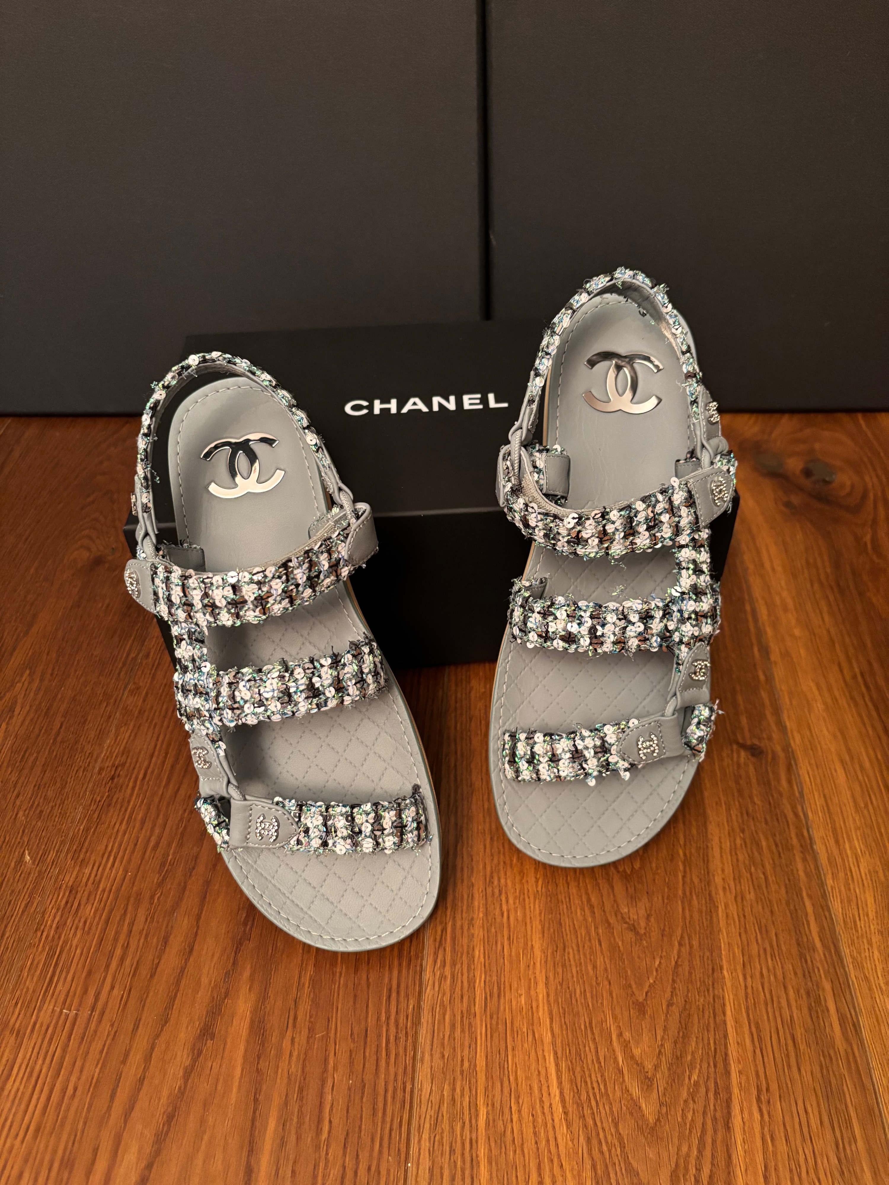 Chanel Green Sequin Tweed Dad Sandals Size 39.5