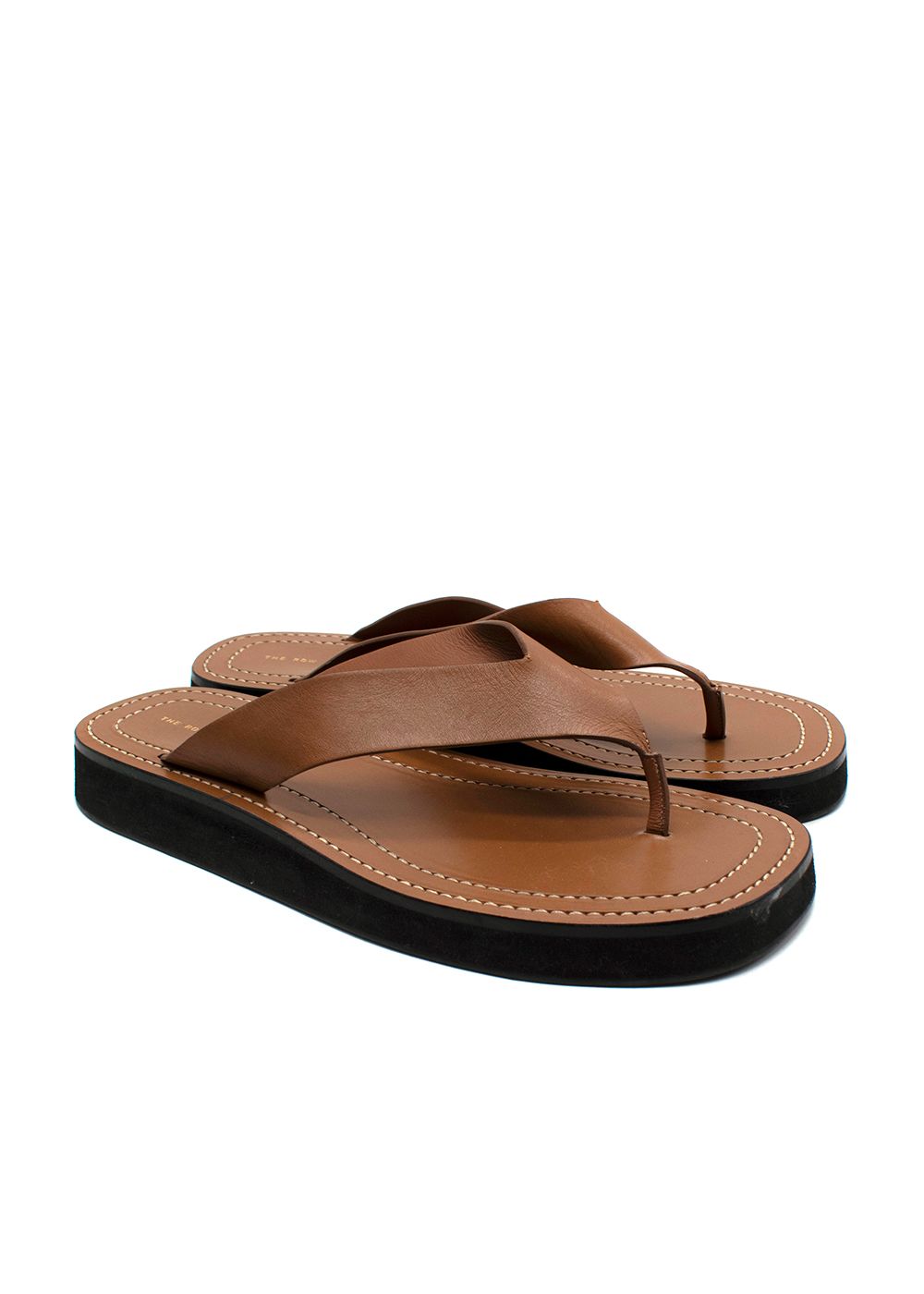 Men's Preowned The Row Tan Leather Ginza Flip Flops Size 41 rubber sole/calfskin strap/footbed