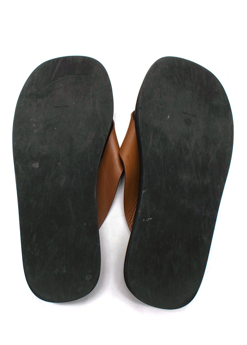 Men's Preowned The Row Tan Leather Ginza Flip Flops Size 41 rubber sole/calfskin strap/footbed