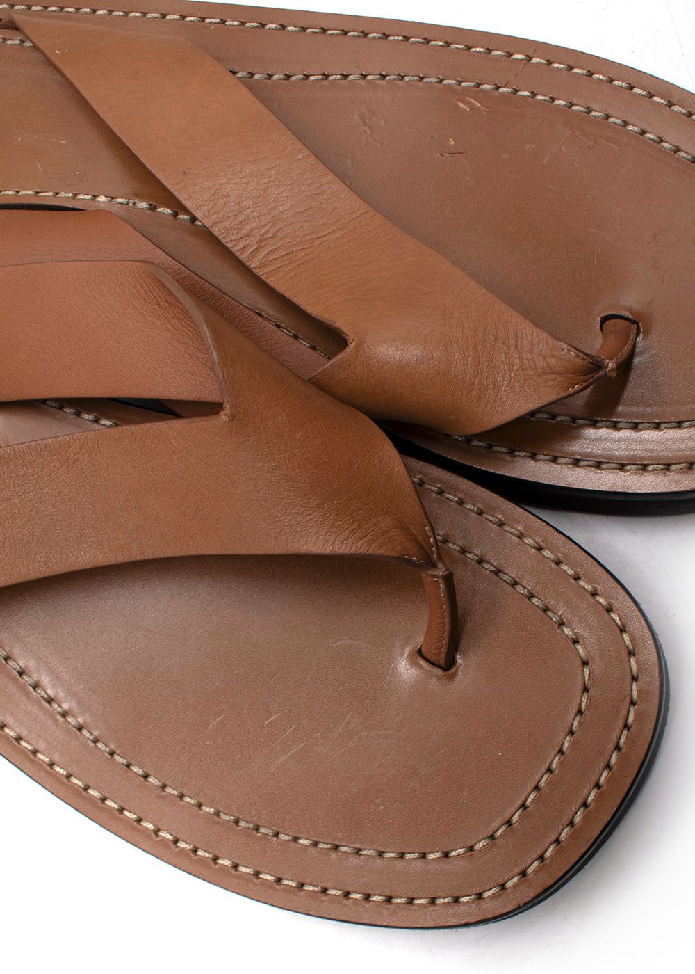 Men's Preowned The Row Tan Leather Ginza Flip Flops Size 41 rubber sole/calfskin strap/footbed