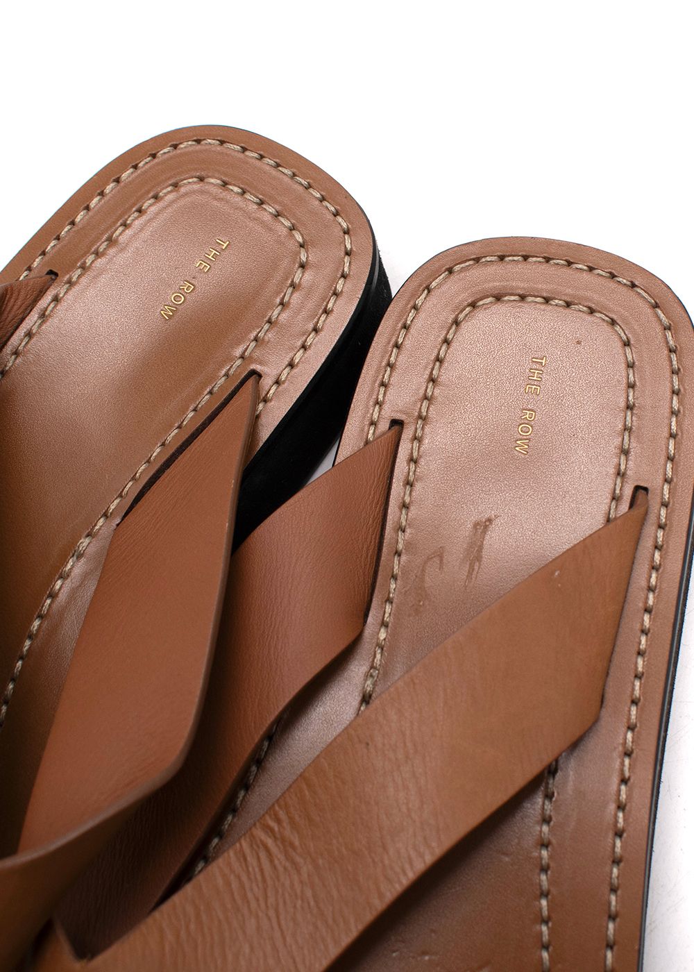 Men's Preowned The Row Tan Leather Ginza Flip Flops Size 41 rubber sole/calfskin strap/footbed