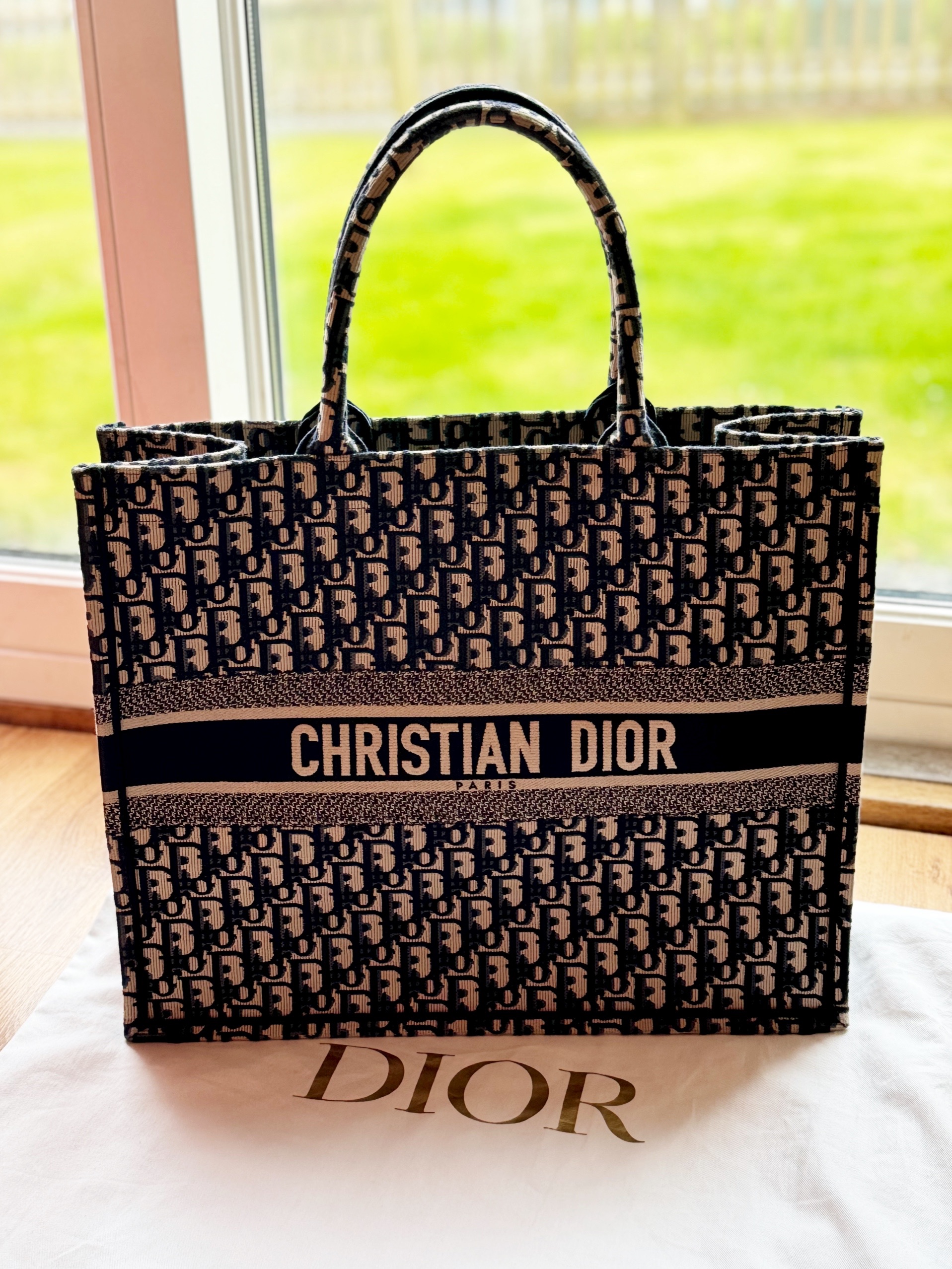 Preowned Dior Blue Large Oblique Book Tote Ecru canvas