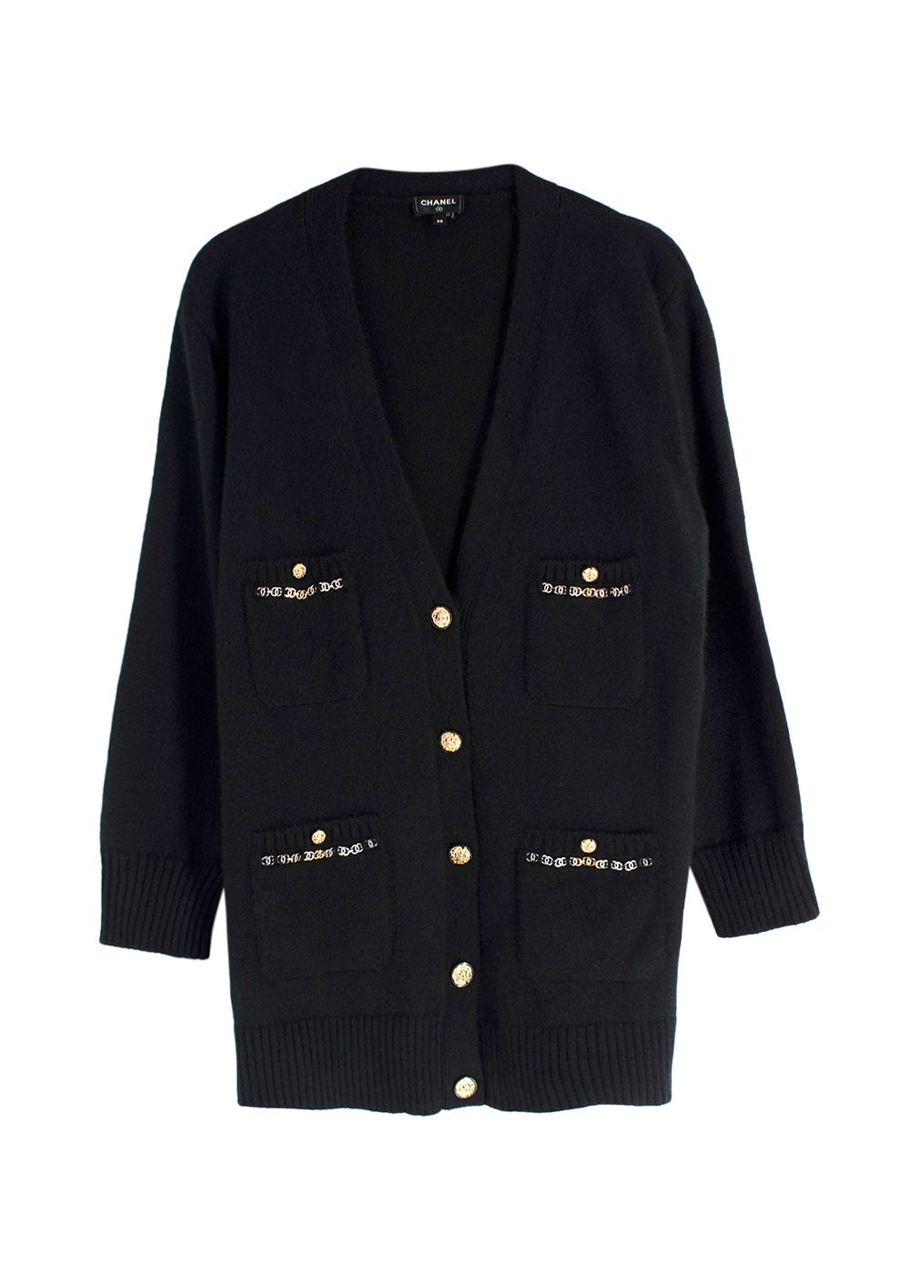 Chanel Black Multi Pocket Cashmere Cardigan with Chain Detail Size S cashmere/silk