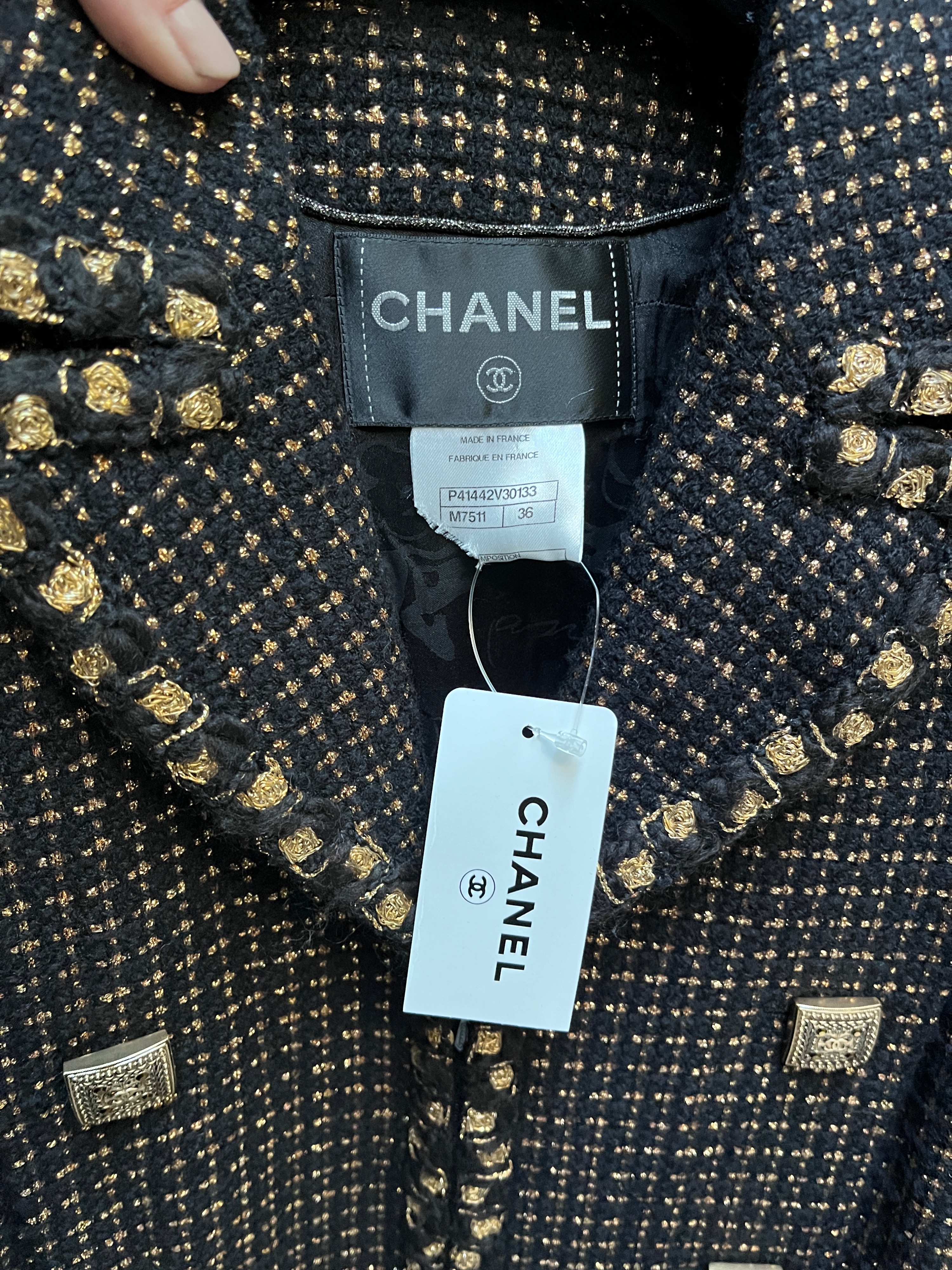 Chanel Black Single Breasted Tweed Jacket with Gold Button Detail Size S Black gold tweed see pic