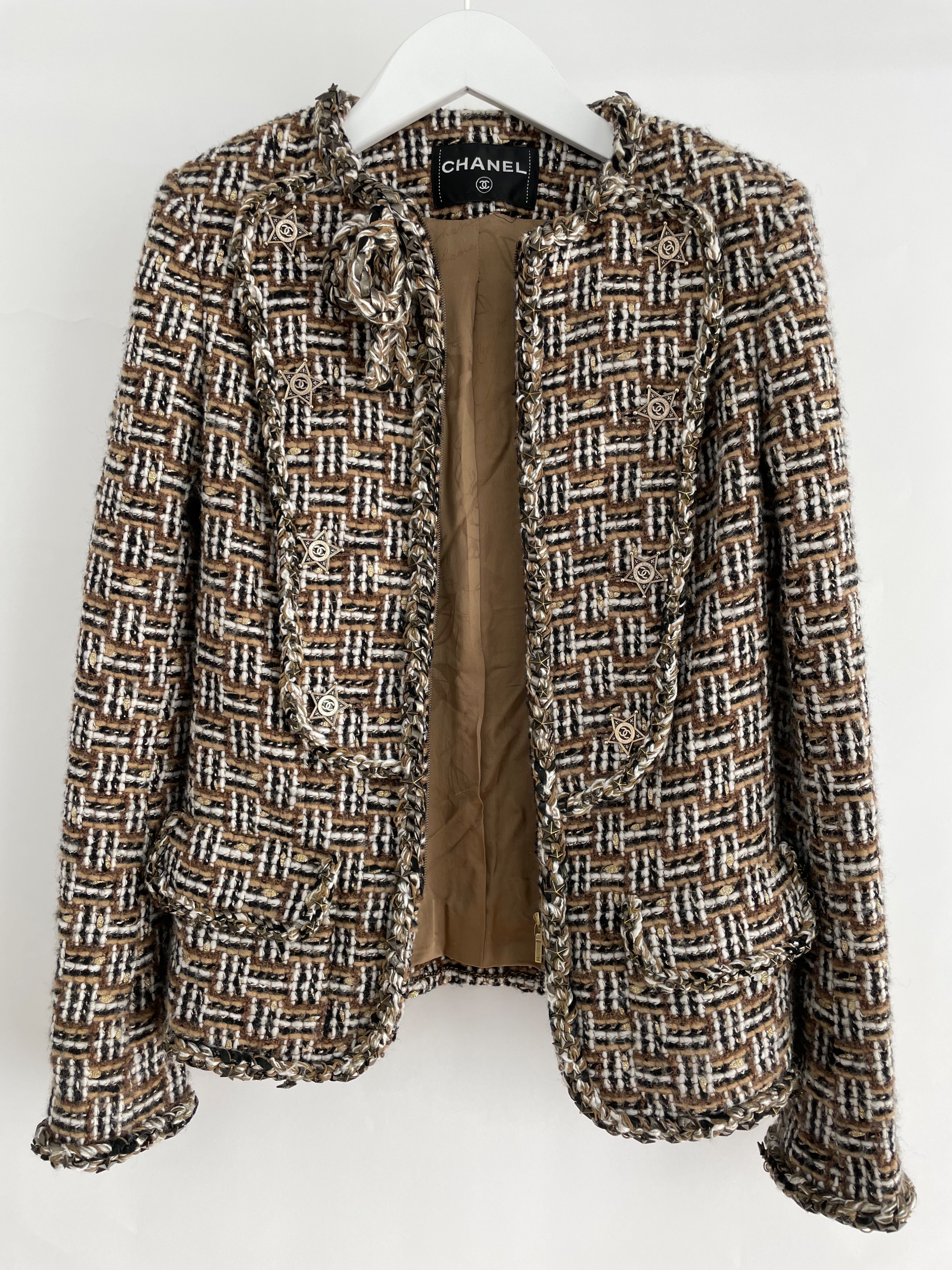 Preowned Chanel Brown Dallas Star Detail Tweed Jacket Size S Beige / Black / Brown / Gold / Cream wool