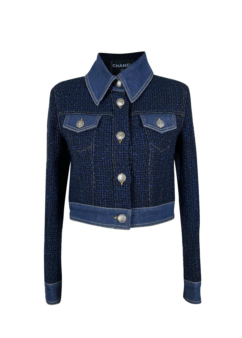 Chanel Navy Tweed and Denim Cropped Jacket Size XS blue