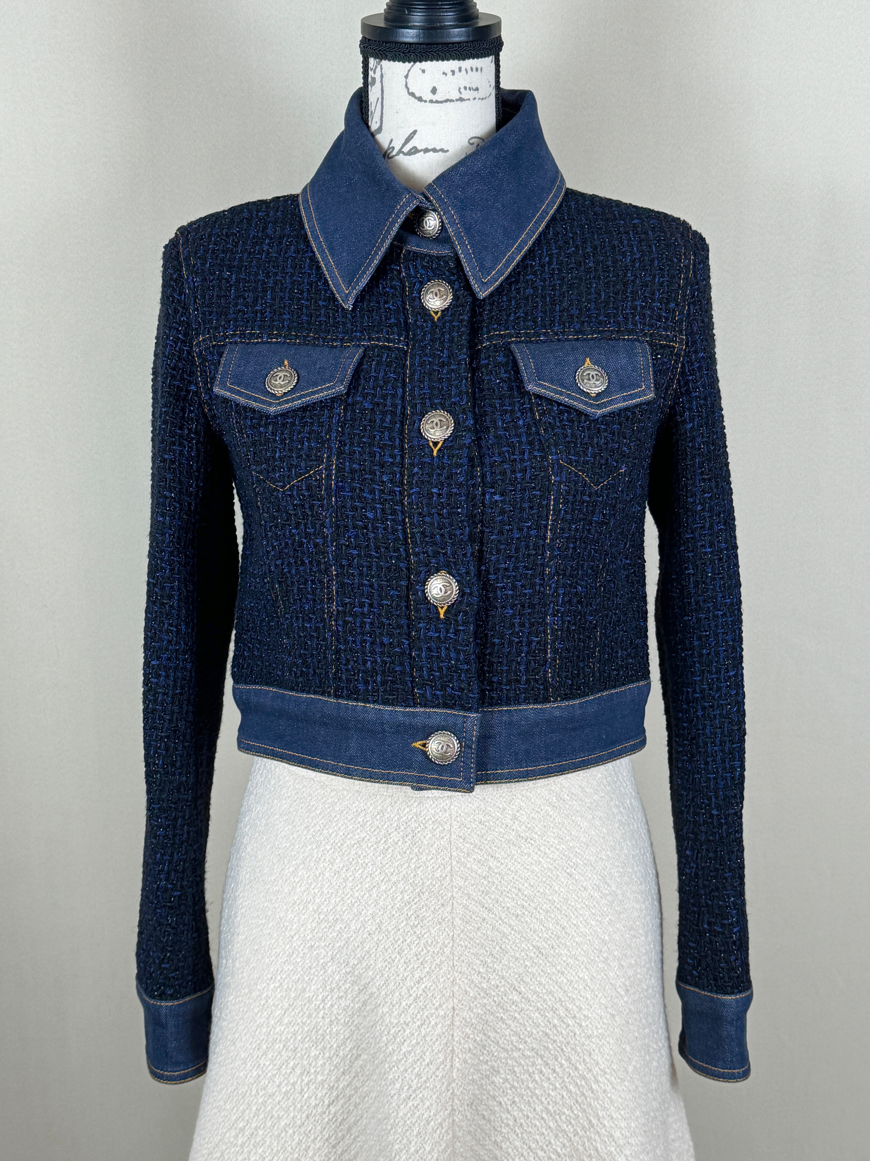 Chanel Navy Tweed and Denim Cropped Jacket Size XS blue