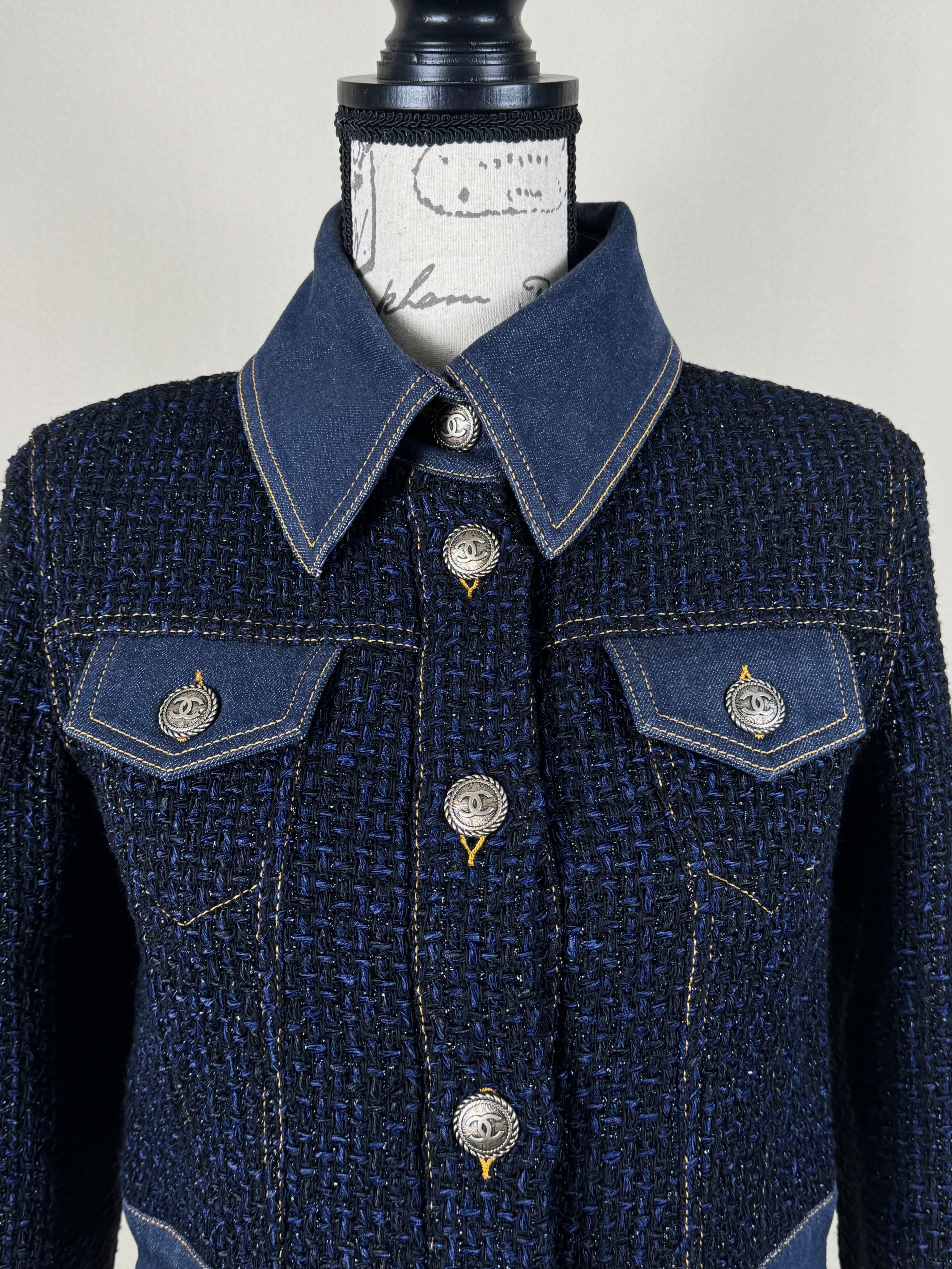 Chanel Navy Tweed and Denim Cropped Jacket Size XS blue