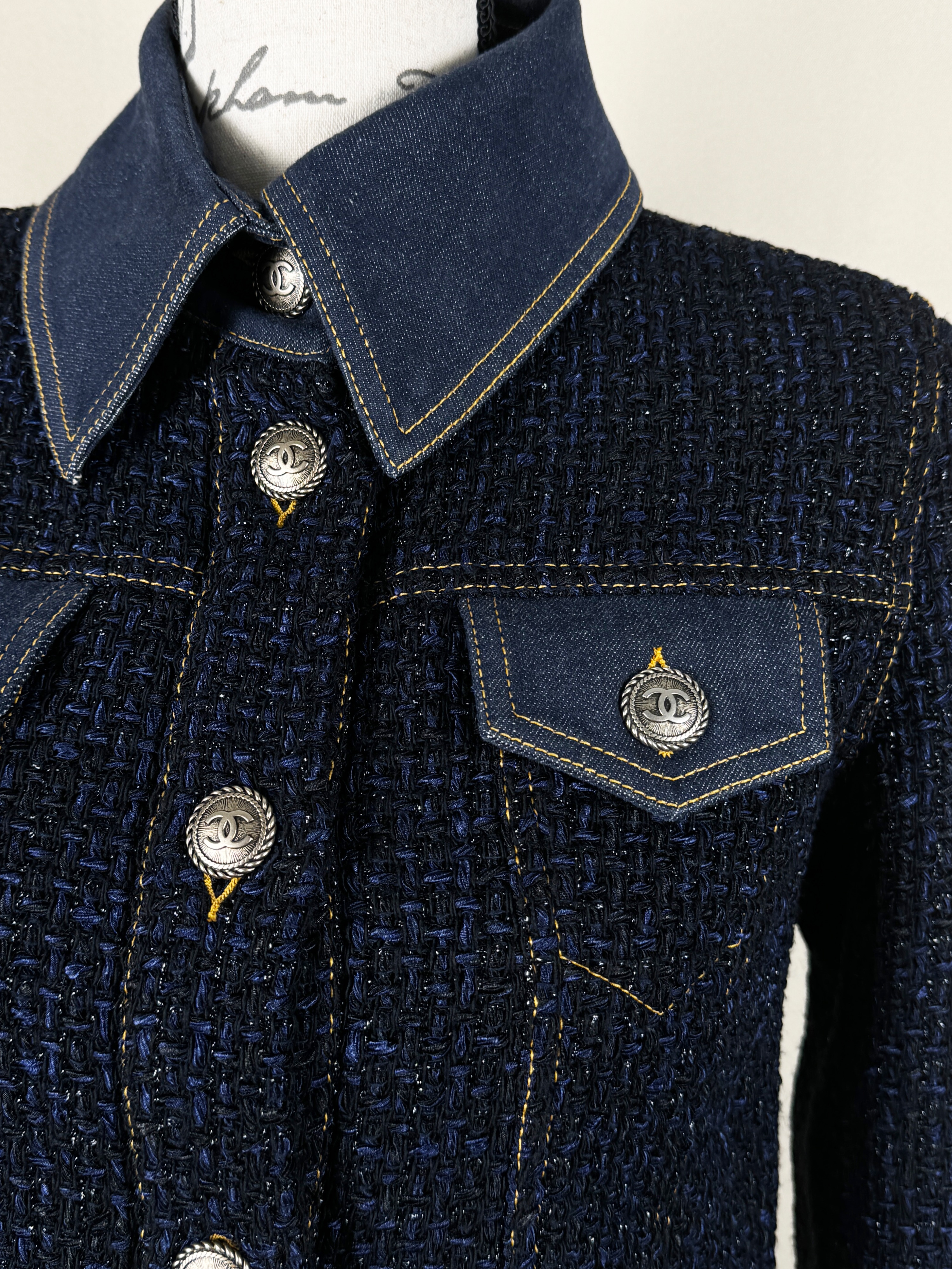 Chanel Navy Tweed and Denim Cropped Jacket Size XS blue