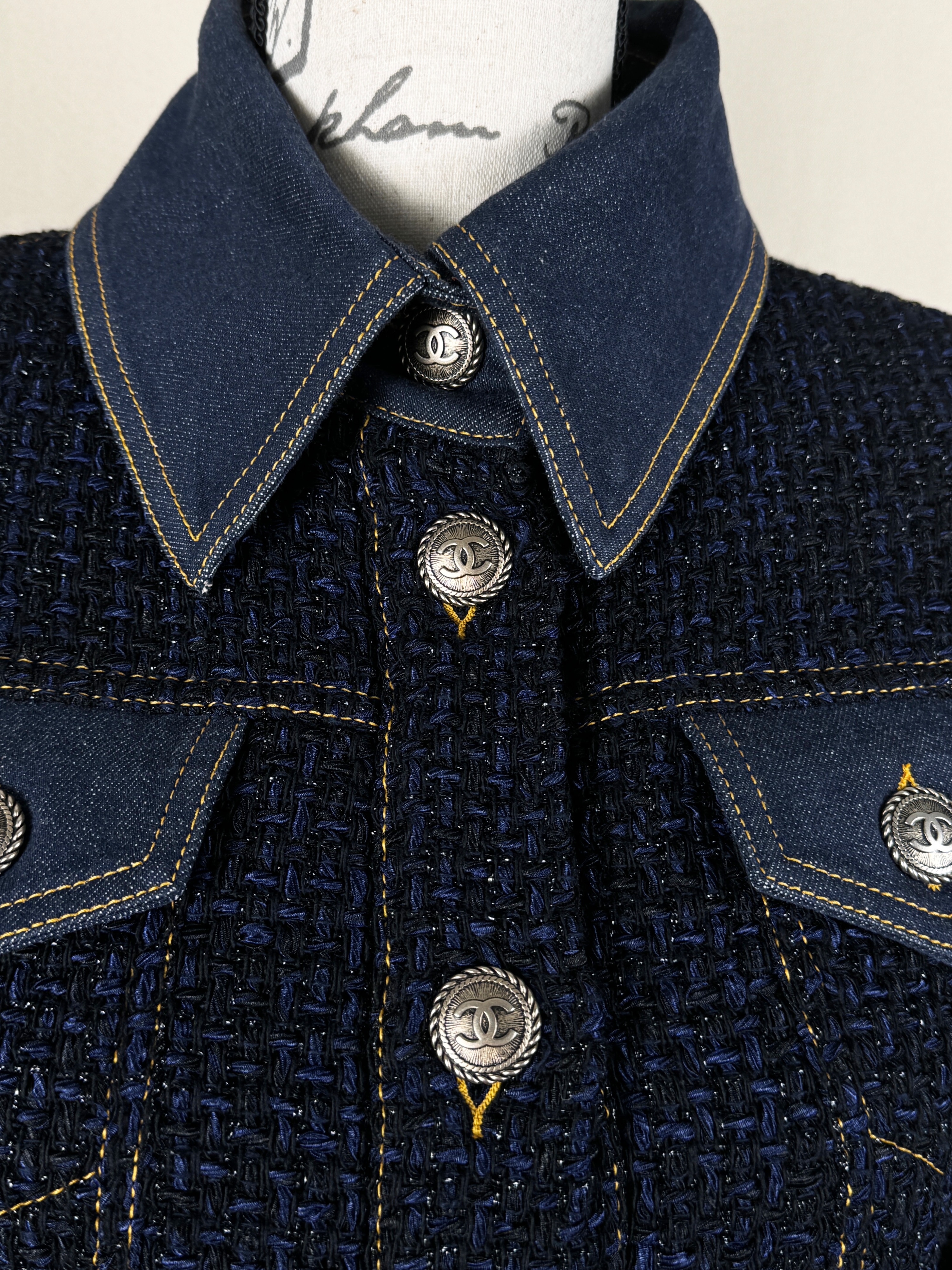 Chanel Navy Tweed and Denim Cropped Jacket Size XS blue