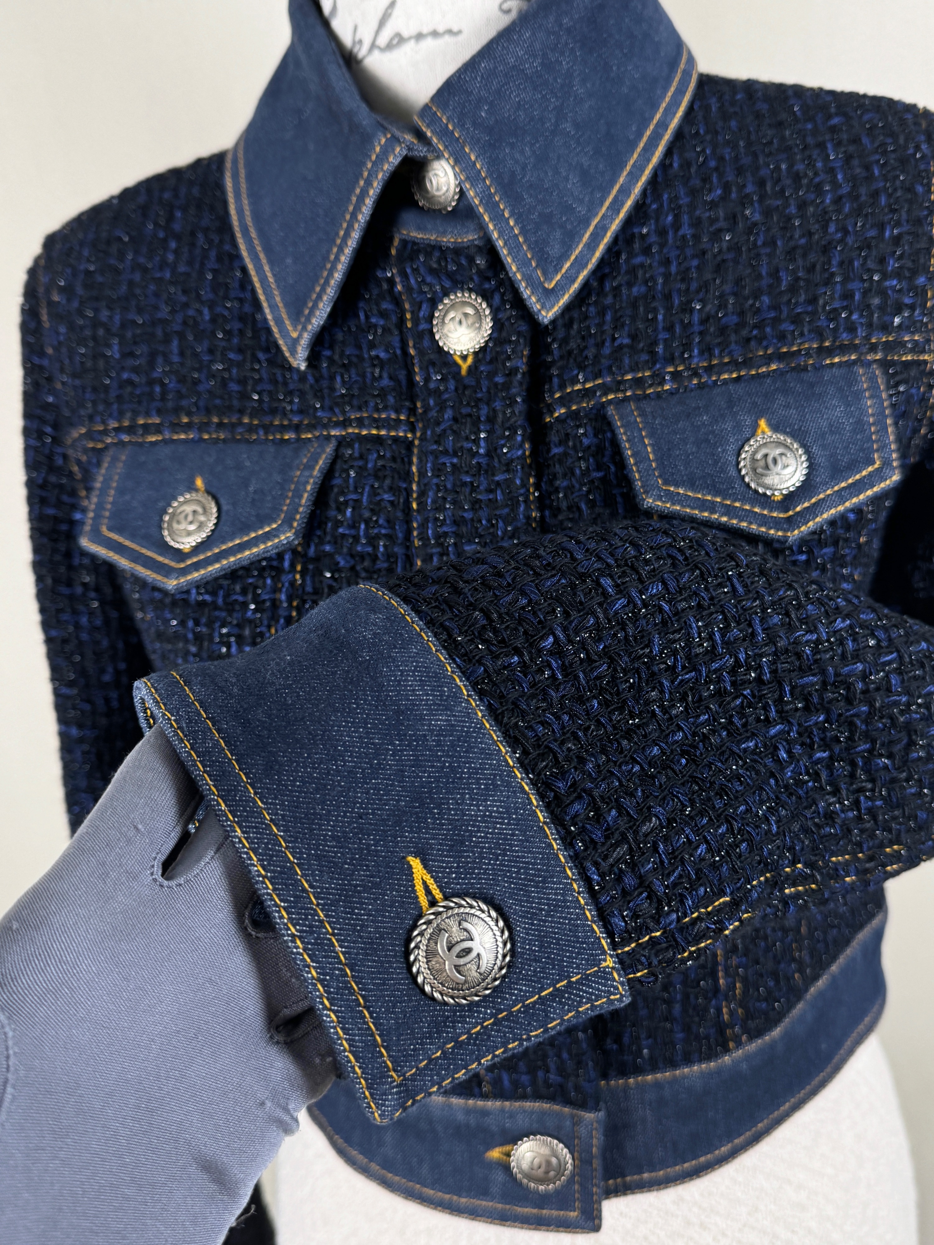 Chanel Navy Tweed and Denim Cropped Jacket Size XS blue