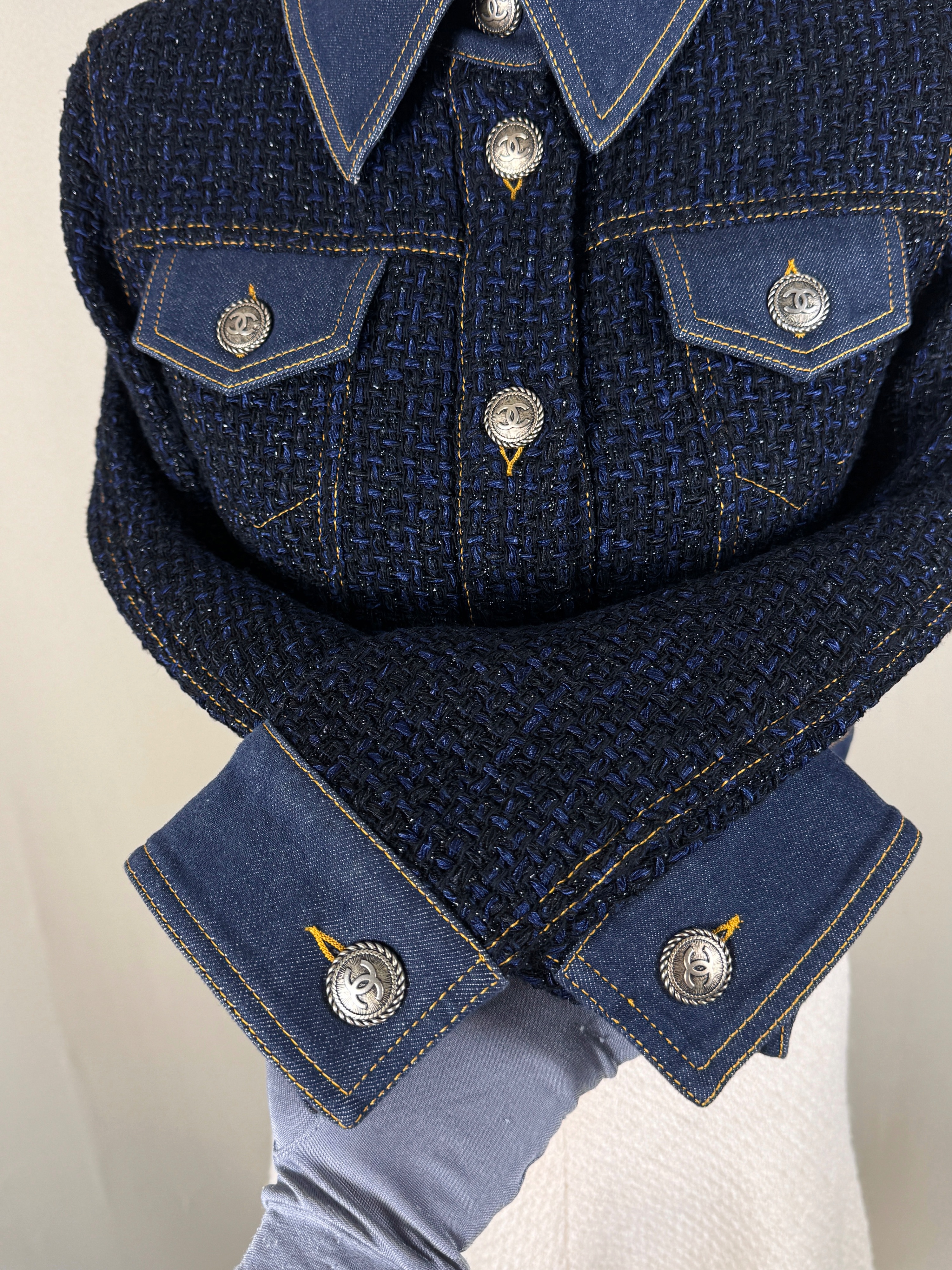 Chanel Navy Tweed and Denim Cropped Jacket Size XS blue