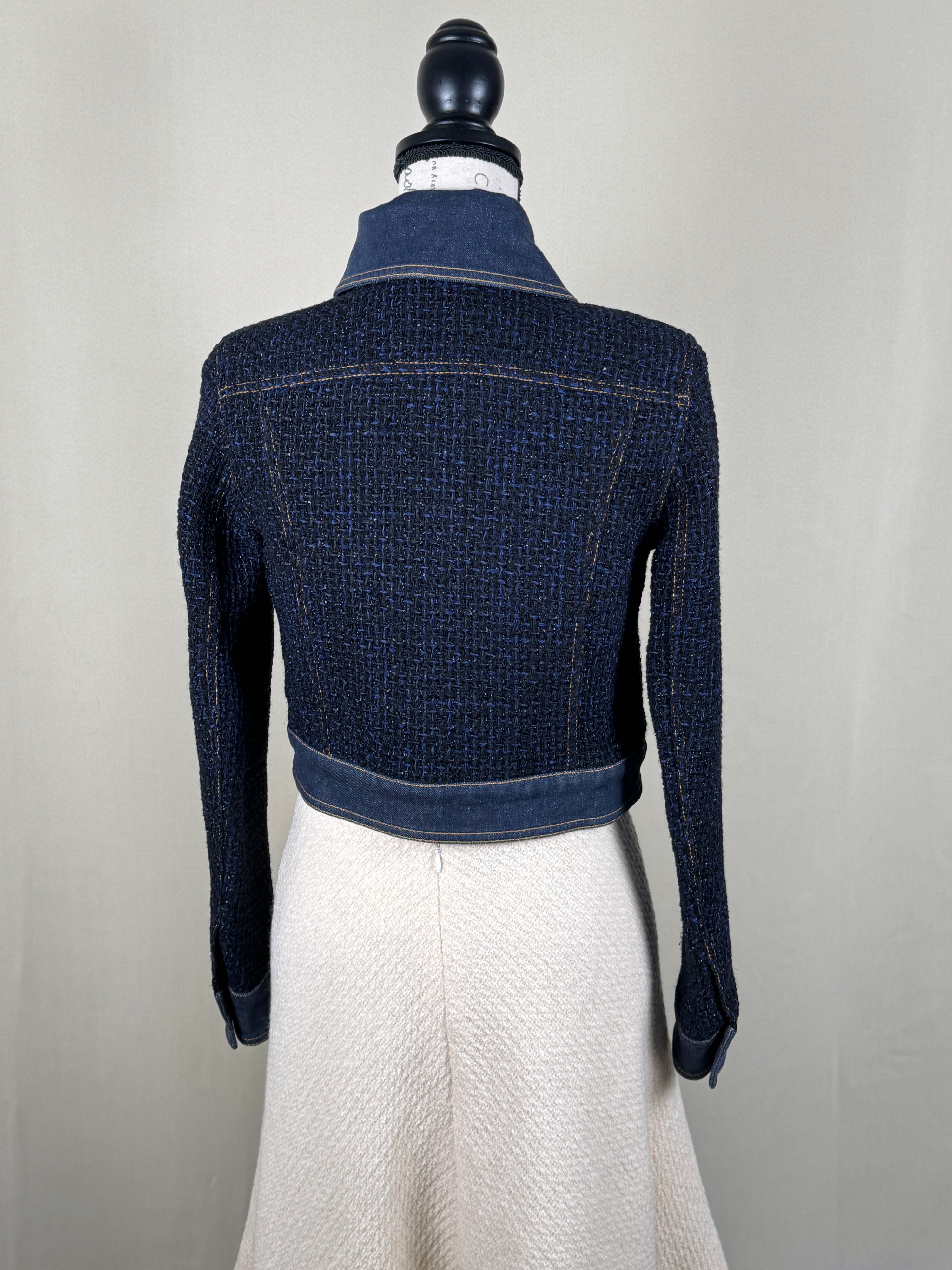 Chanel Navy Tweed and Denim Cropped Jacket Size XS blue