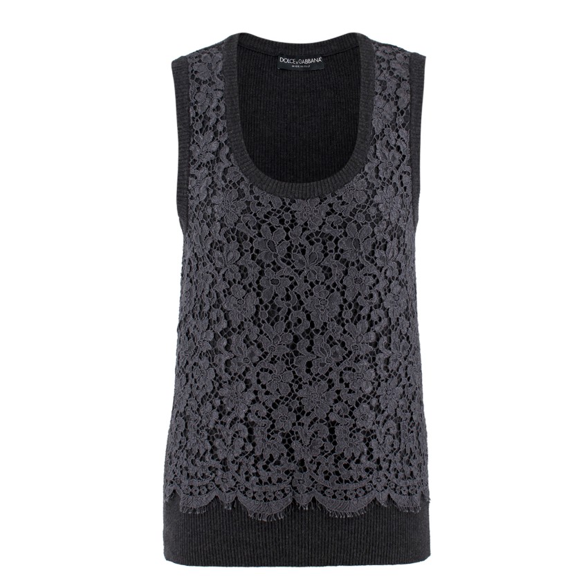 Preowned Dolce  Gabbana Grey Ribbed Knit Lace Front Vest Size XS cotton