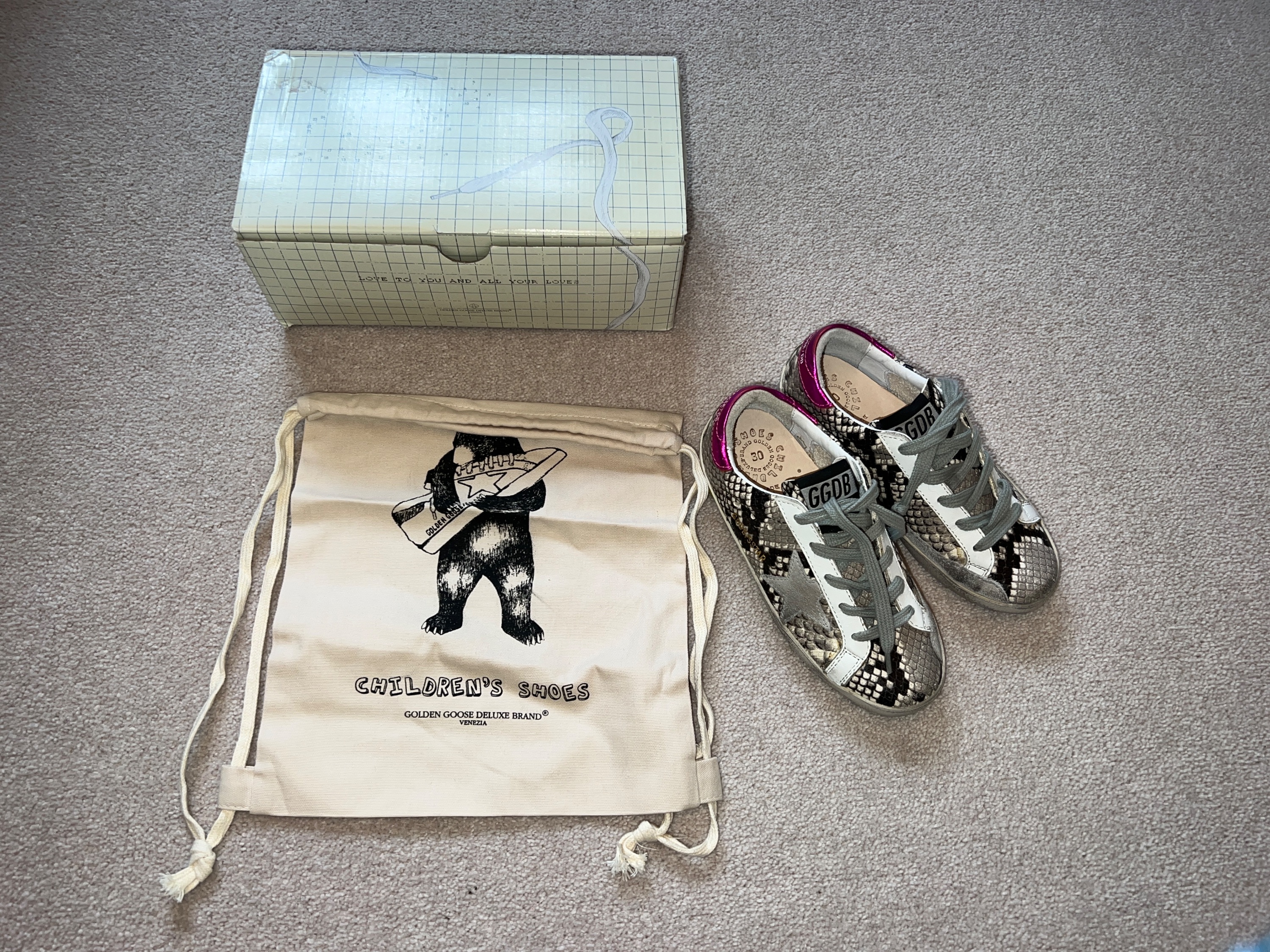 Boys Golden Goose Python Printed Superstar Sneakers Size 6 Years + beige and pink snakeskin