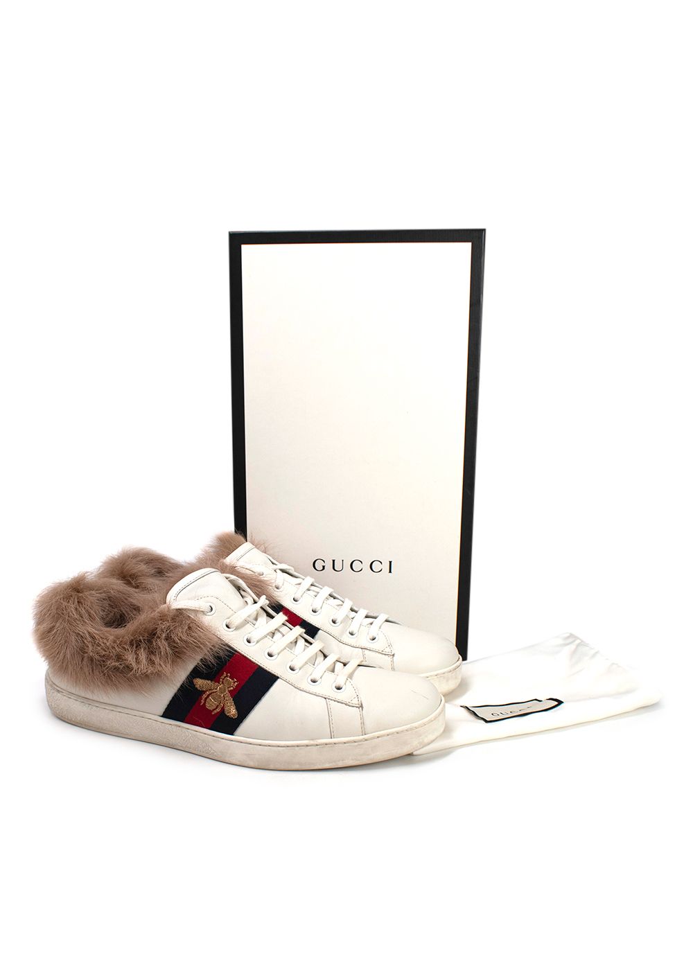 Men's Preowned Gucci White Leather Fur Trimmed Ace Sneakers Size 44 white beige red navy