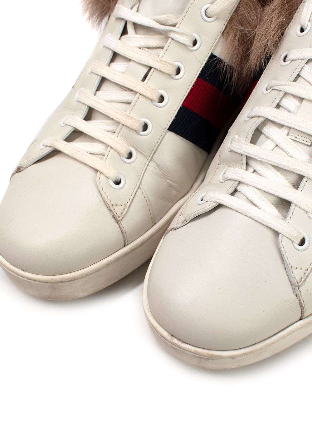 Men's Preowned Gucci White Leather Fur Trimmed Ace Sneakers Size 44 white beige red navy