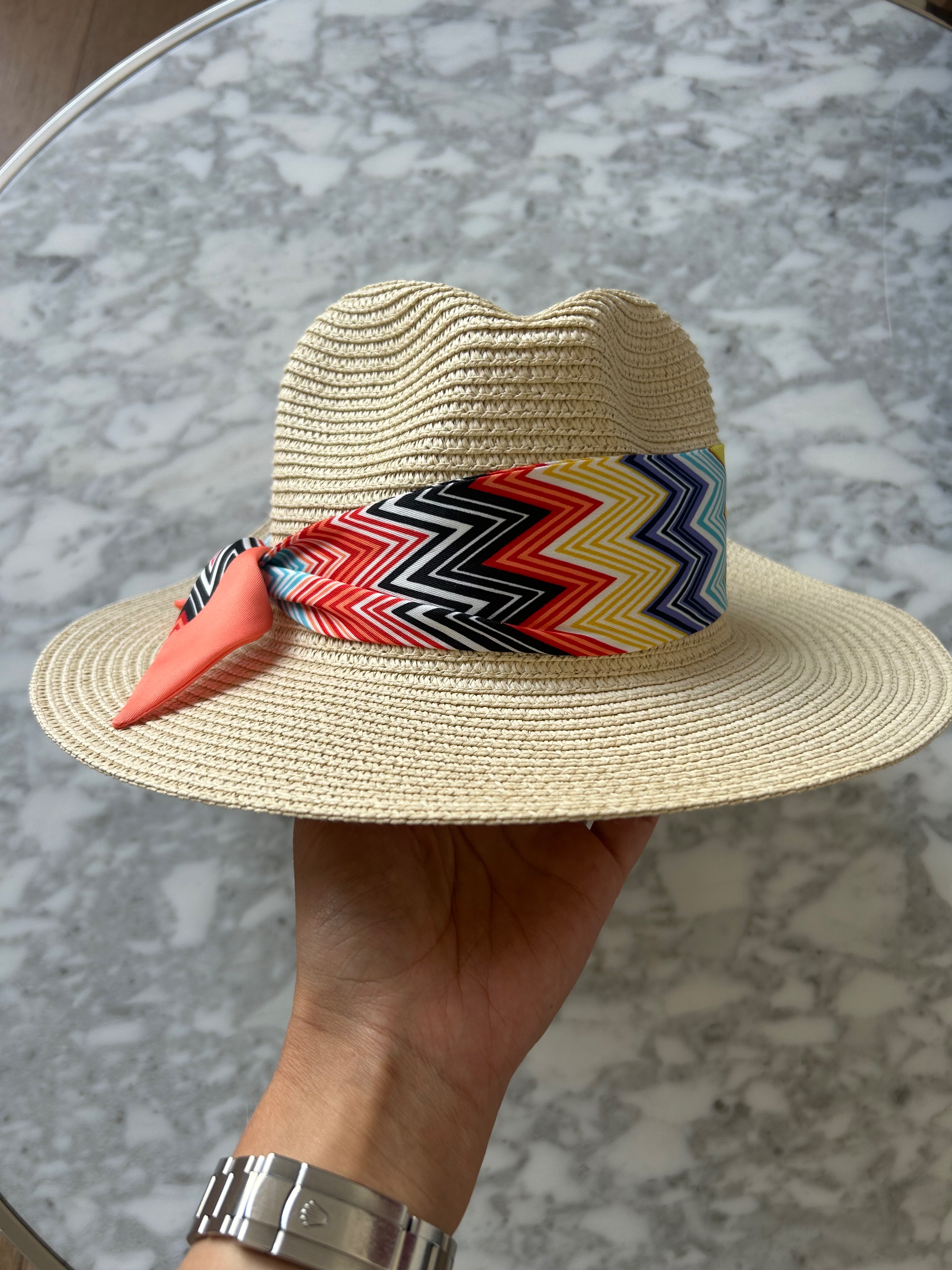 Missoni Fedora Hat with Rainbow Zig Zag Detail Beige straw