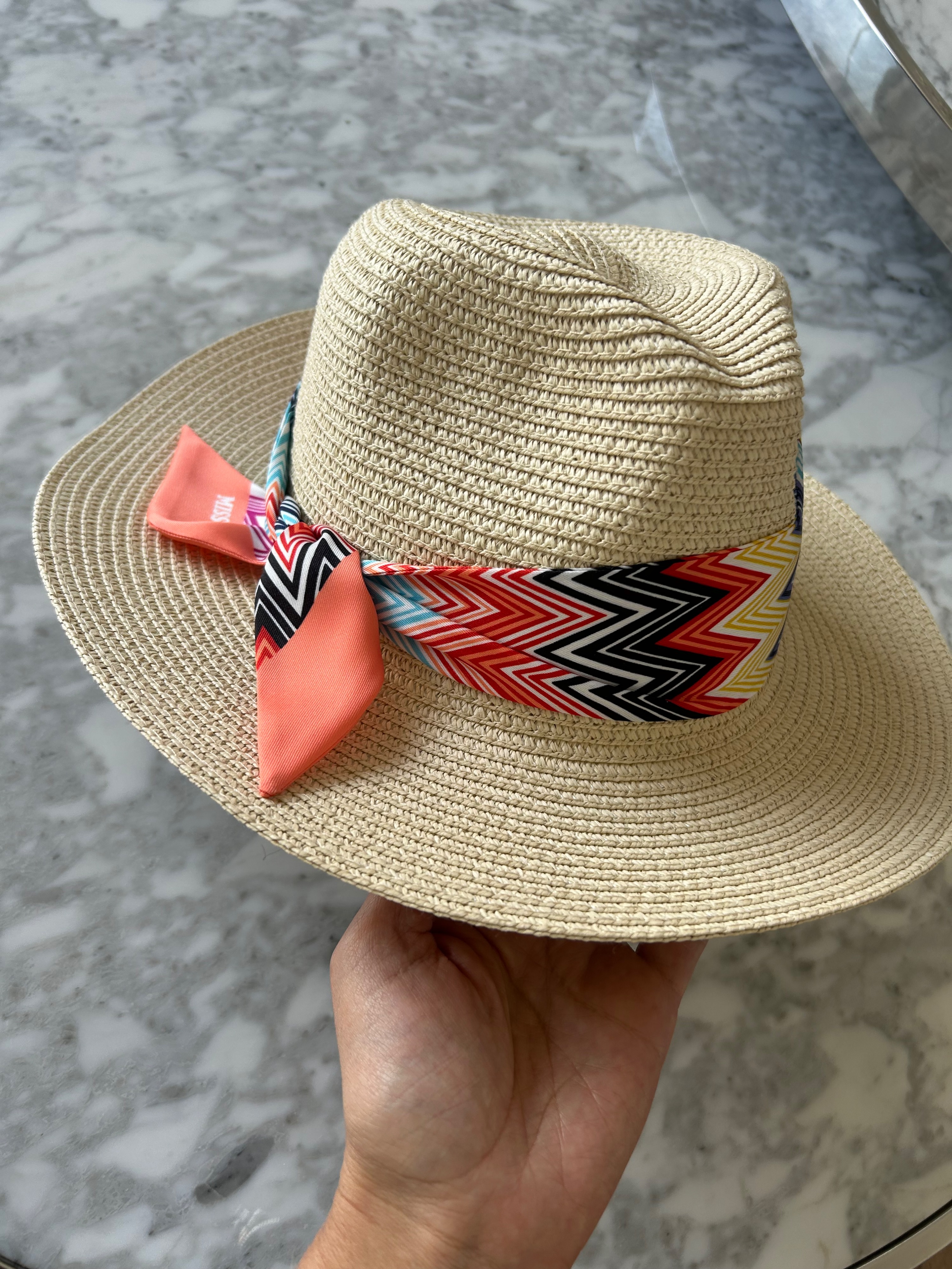 Missoni Fedora Hat with Rainbow Zig Zag Detail Beige straw