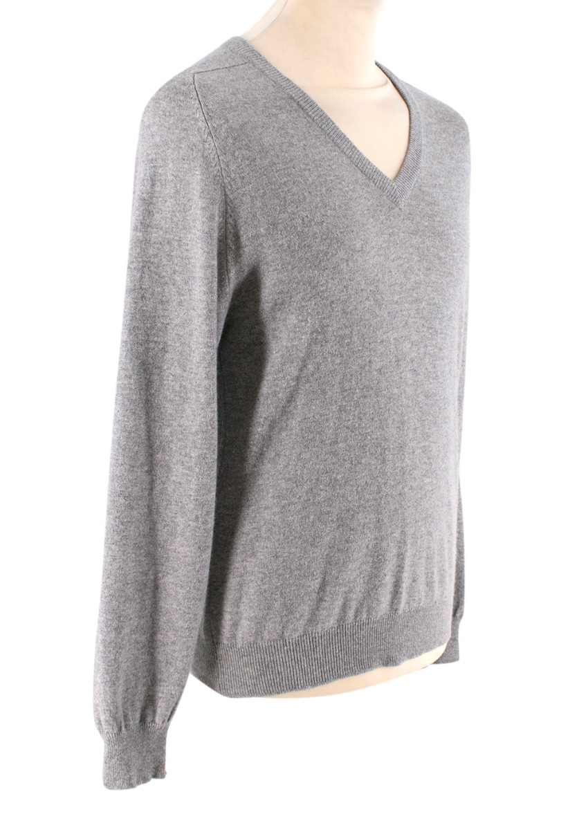 Saint Laurent Light Grey Marl Cashmere V-Neck Sweater Size M