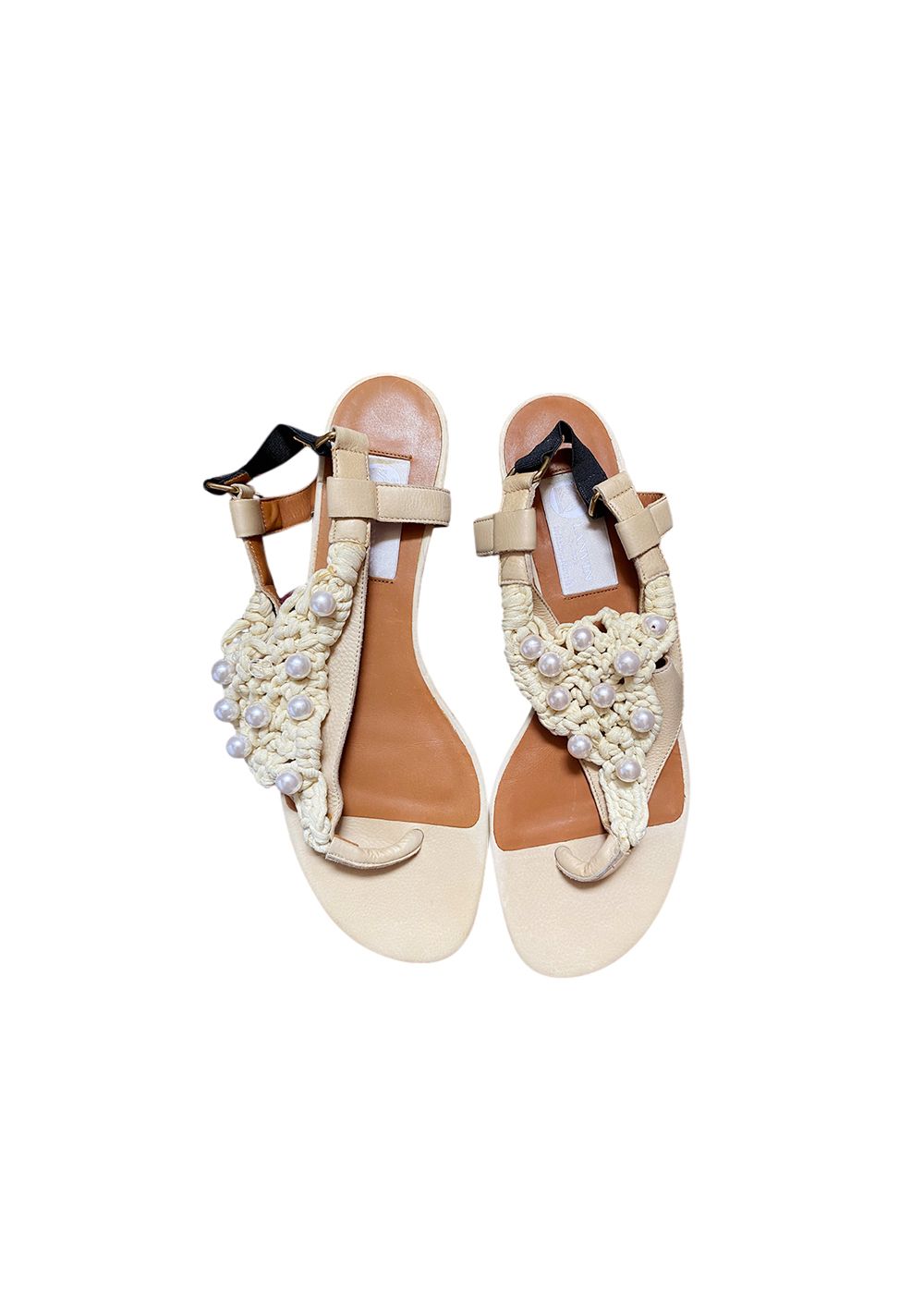 Lanvin Embellished Crochet Flat Sandals Size 38 Beige weave