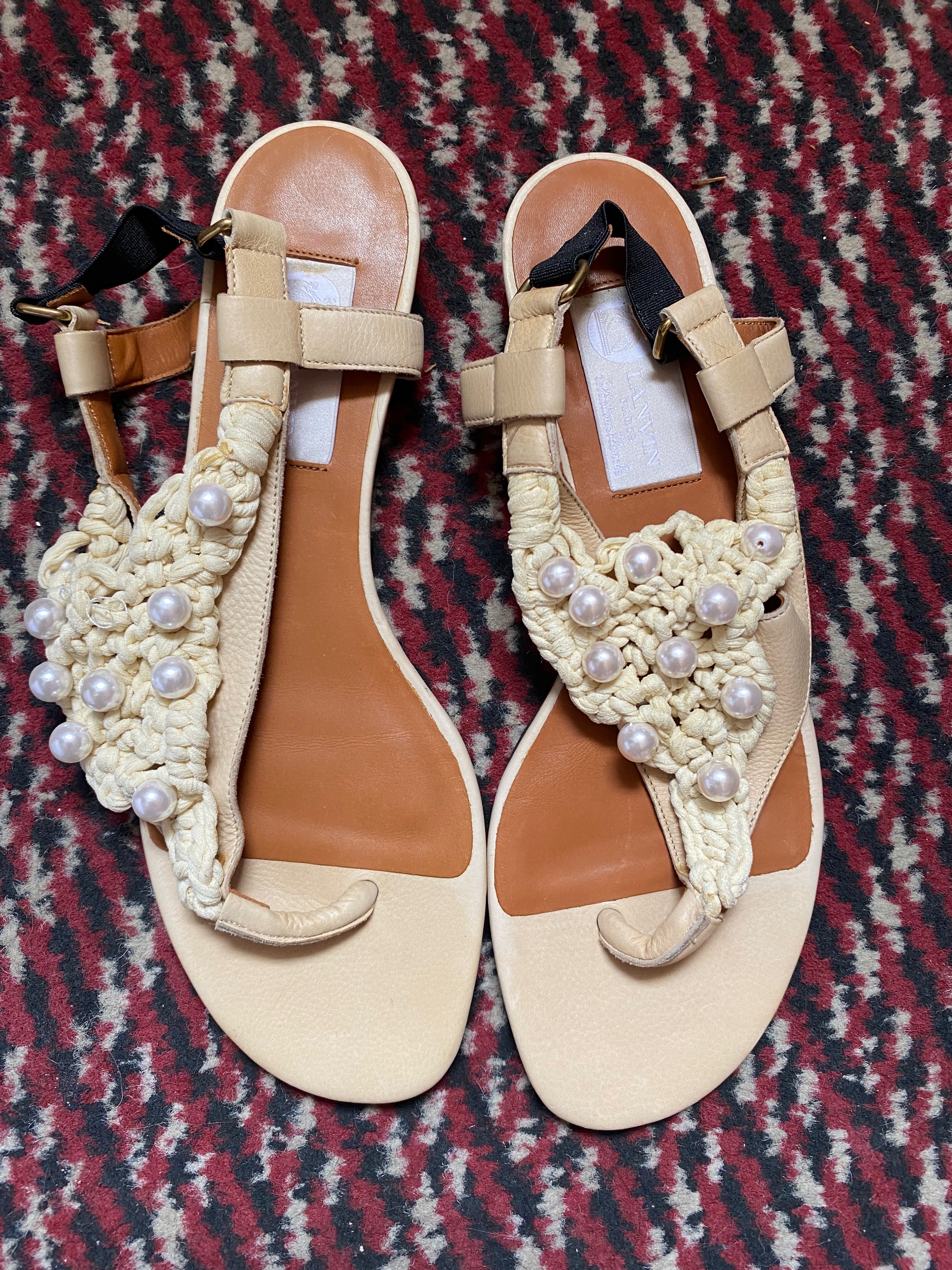 Lanvin Embellished Crochet Flat Sandals Size 38 Beige weave