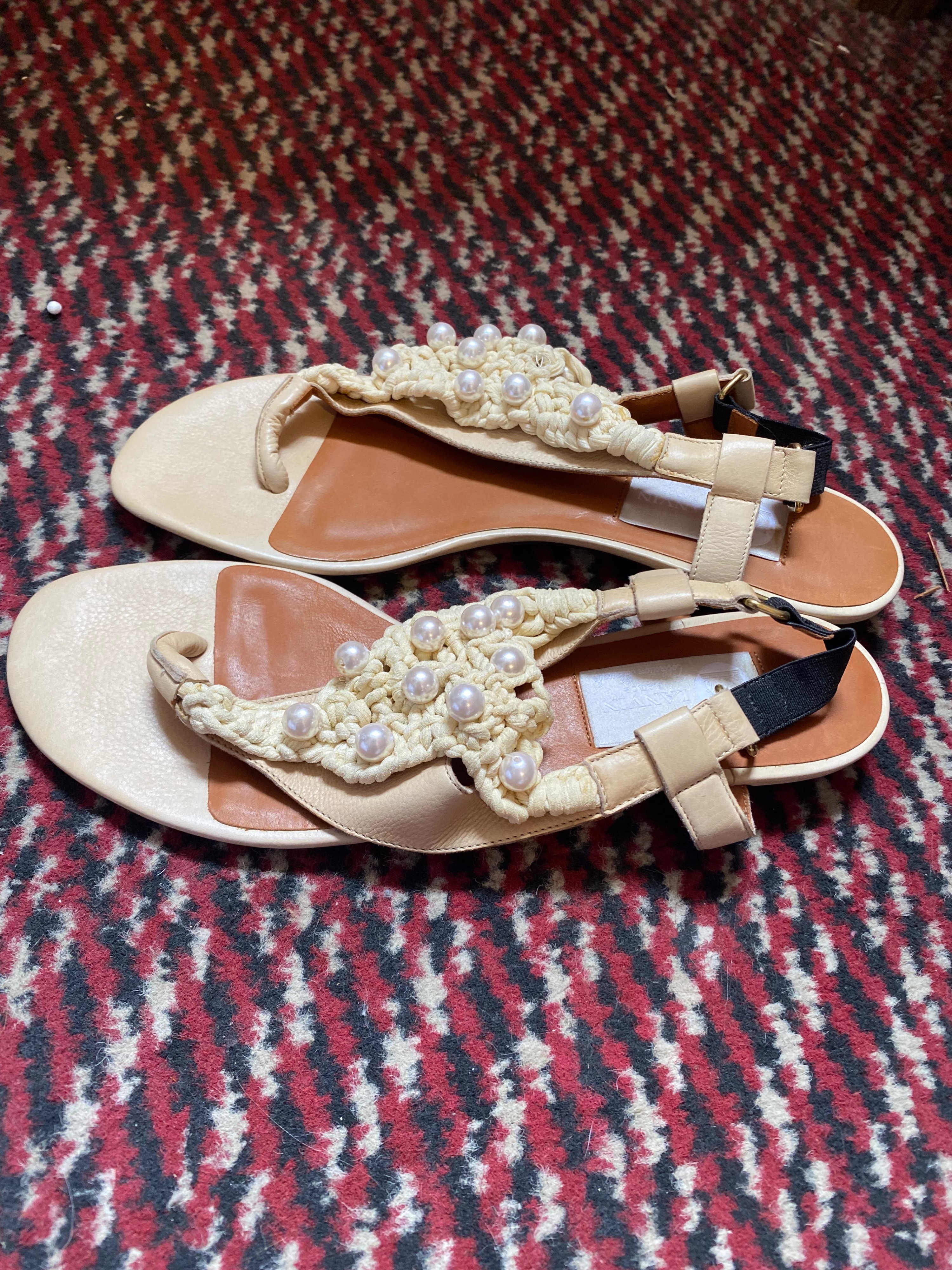 Lanvin Embellished Crochet Flat Sandals Size 38 Beige weave