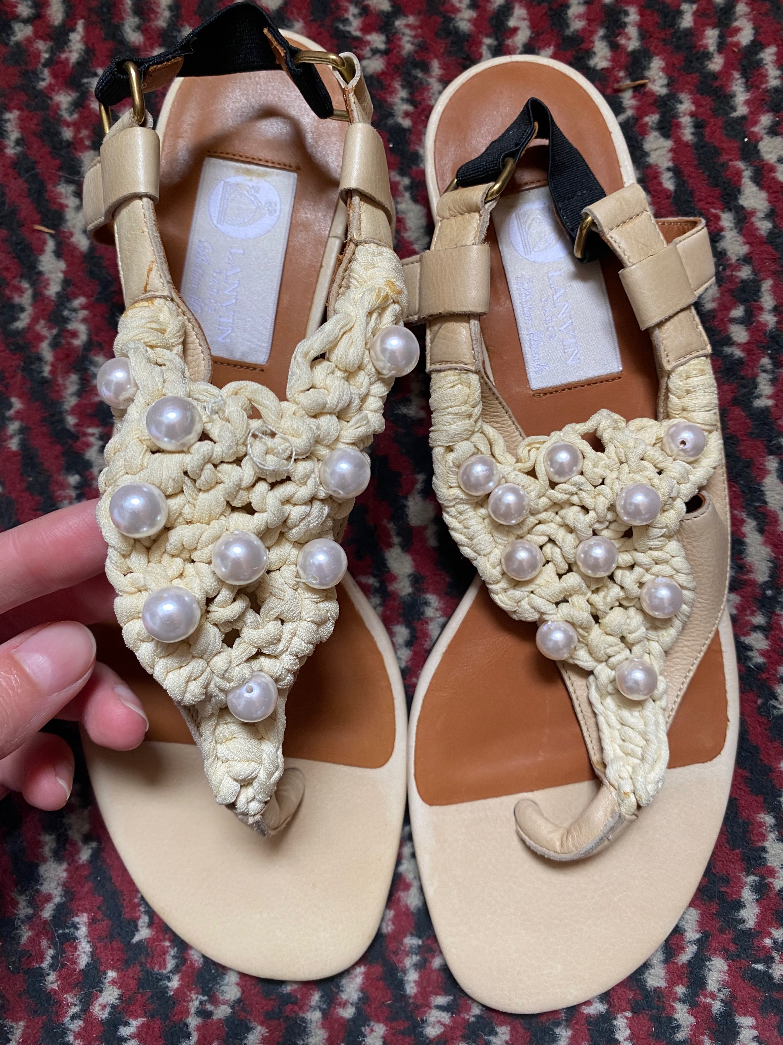 Lanvin Embellished Crochet Flat Sandals Size 38 Beige weave