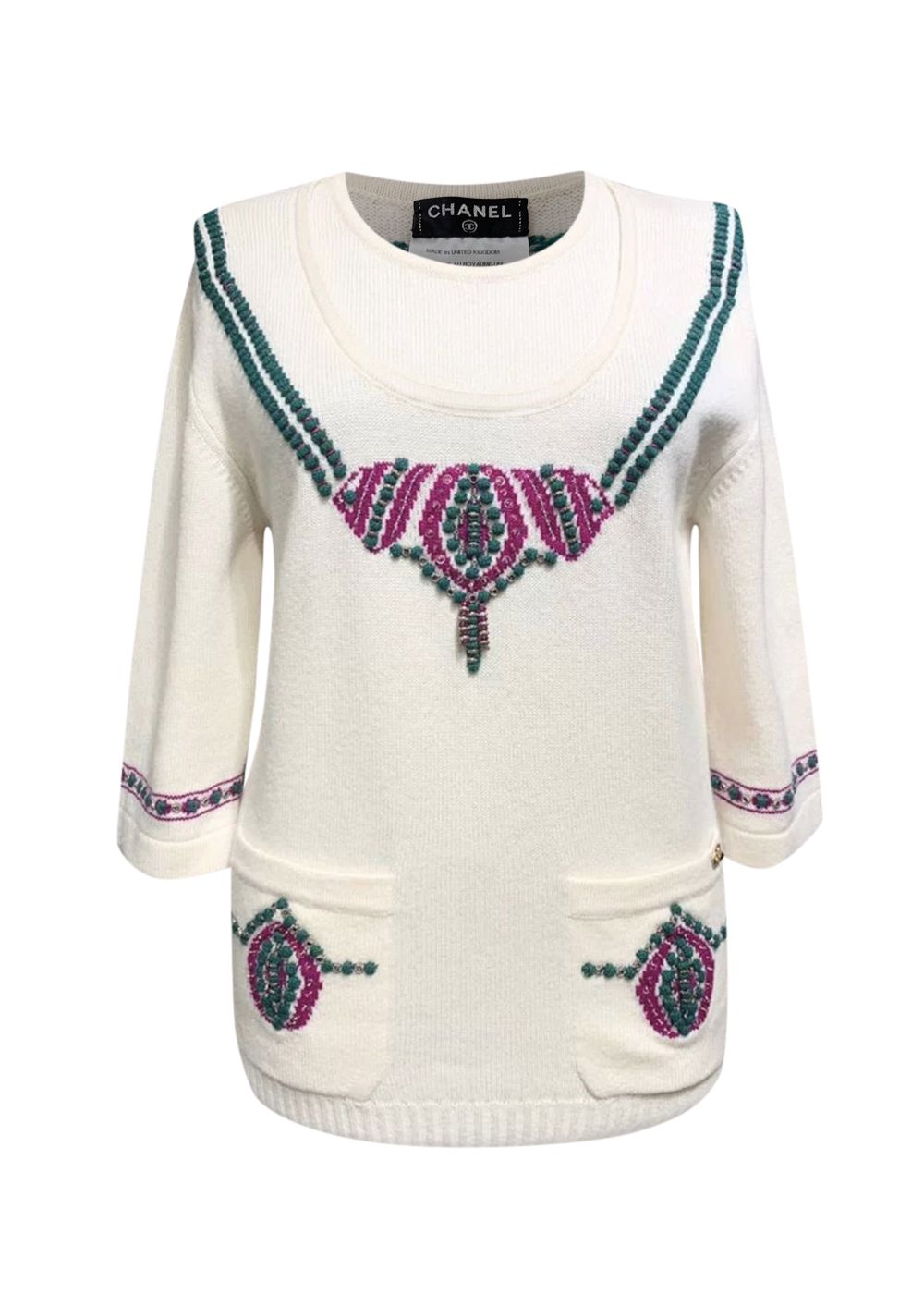 Preowned Chanel Ecru Embellished Cashmere Jumper Size S