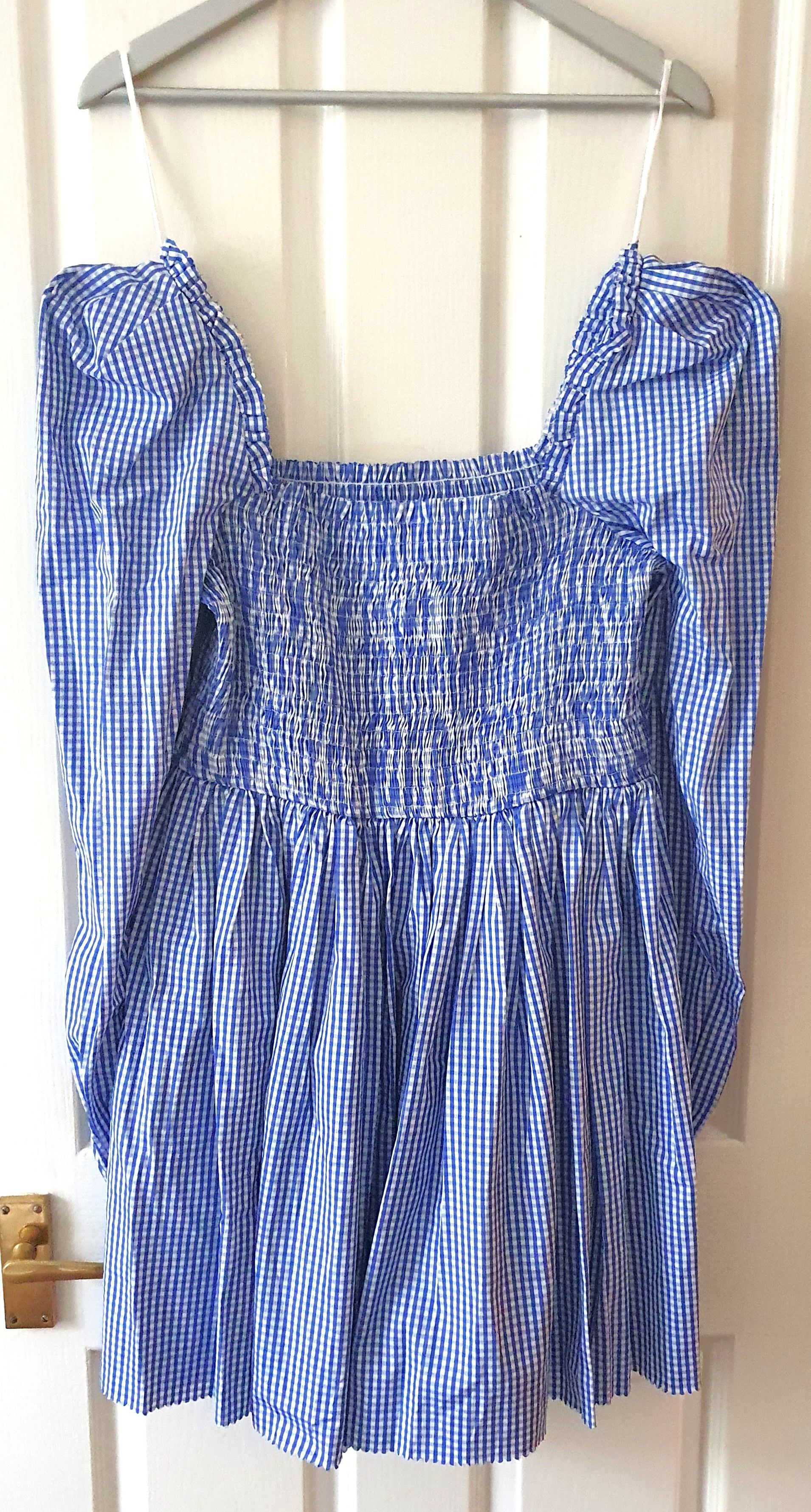 The Vampires Wife Blue Gingham Straw Girl Mini Dress Size XL cotton