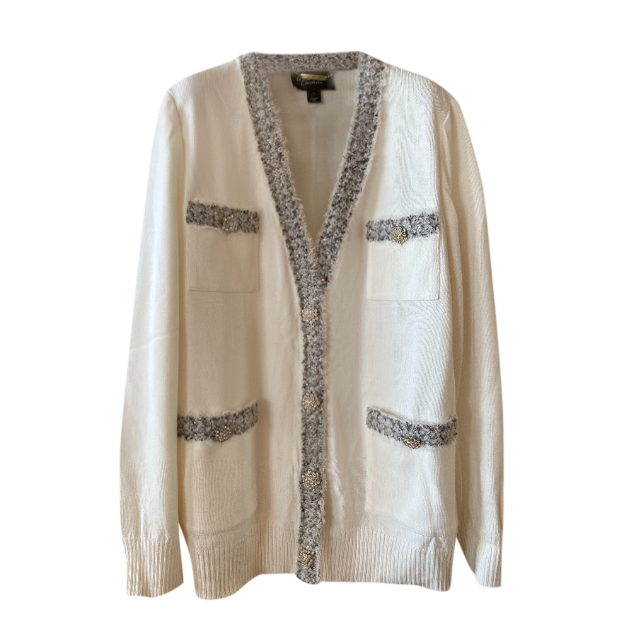 St John Couture Cream Crystal Embellished Cardigan Size XL Beige/Nude silk