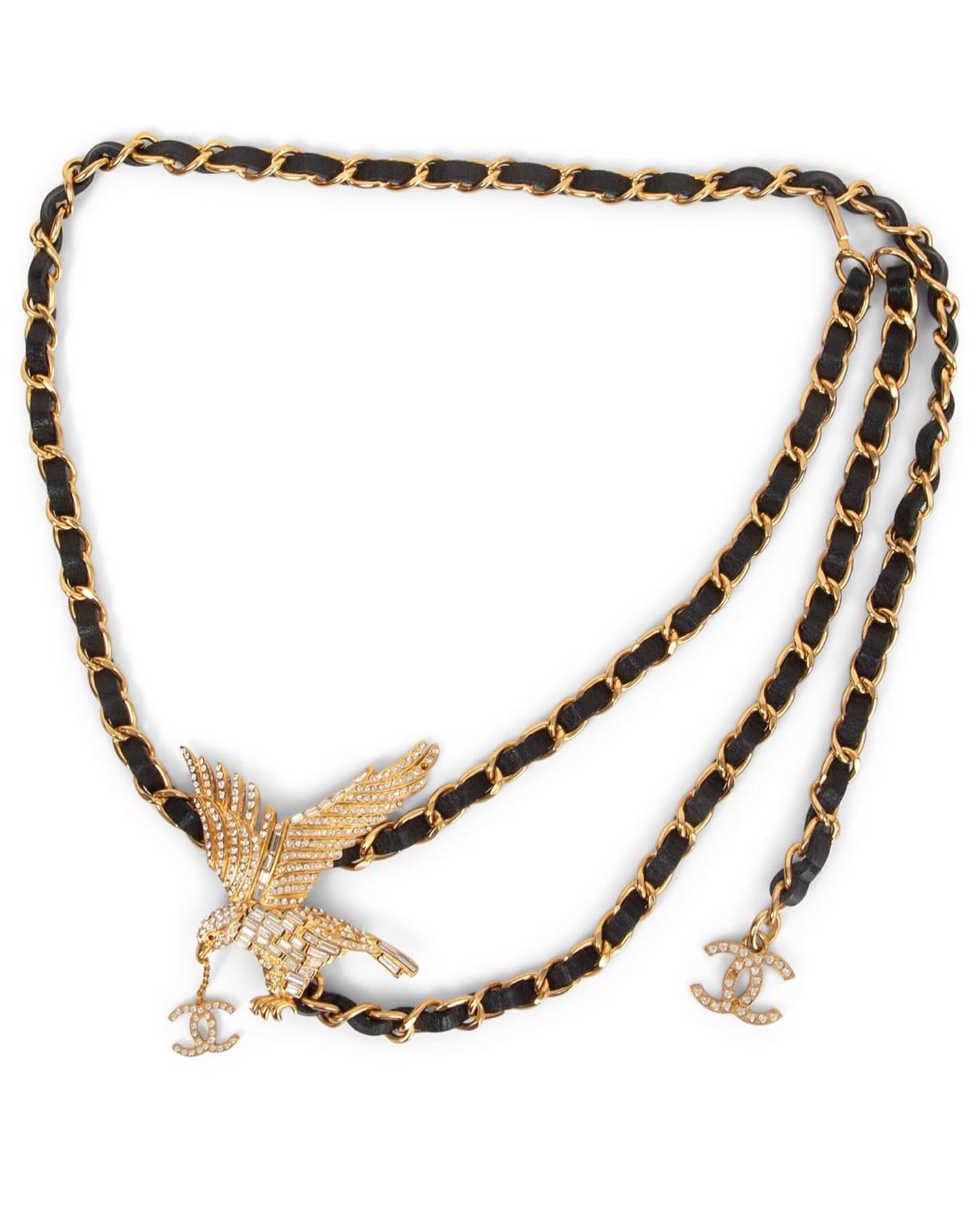 Preowned Chanel Vintage Crystal Embellished Eagle Chain Belt Black chain metal/leather