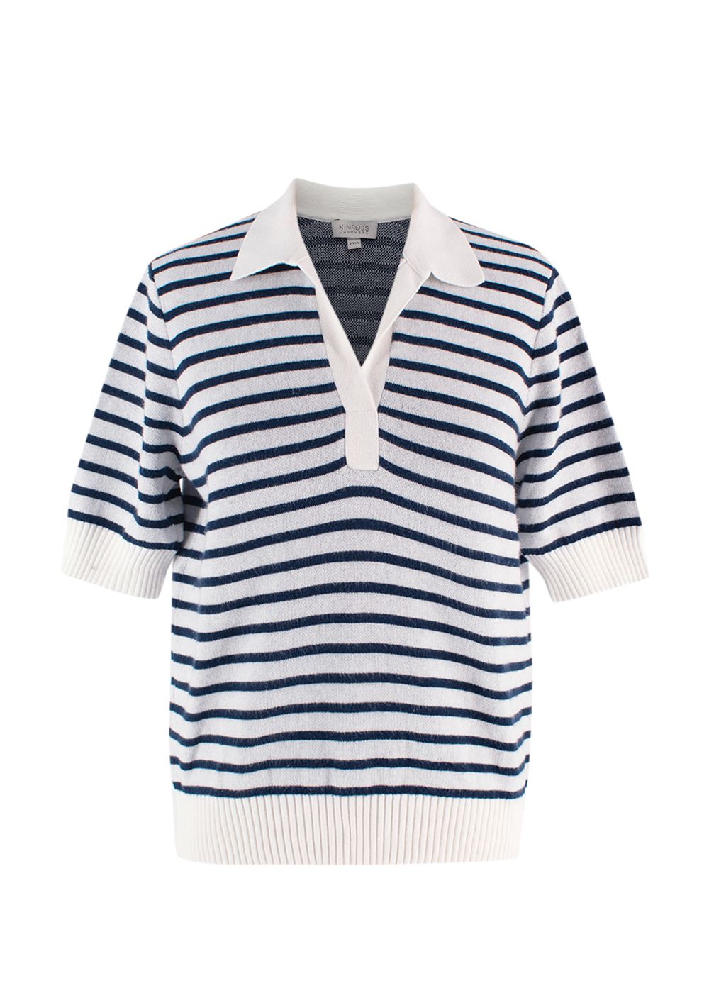 Preowned Kinross Navy and White Striped Knitted Polo Shirt Size M Navy Blue / white cotton/polyamide/cashmere