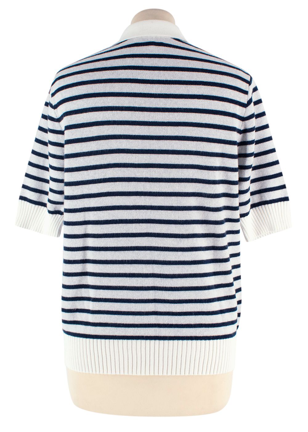 Preowned Kinross Navy and White Striped Knitted Polo Shirt Size M Navy Blue / white cotton/polyamide/cashmere