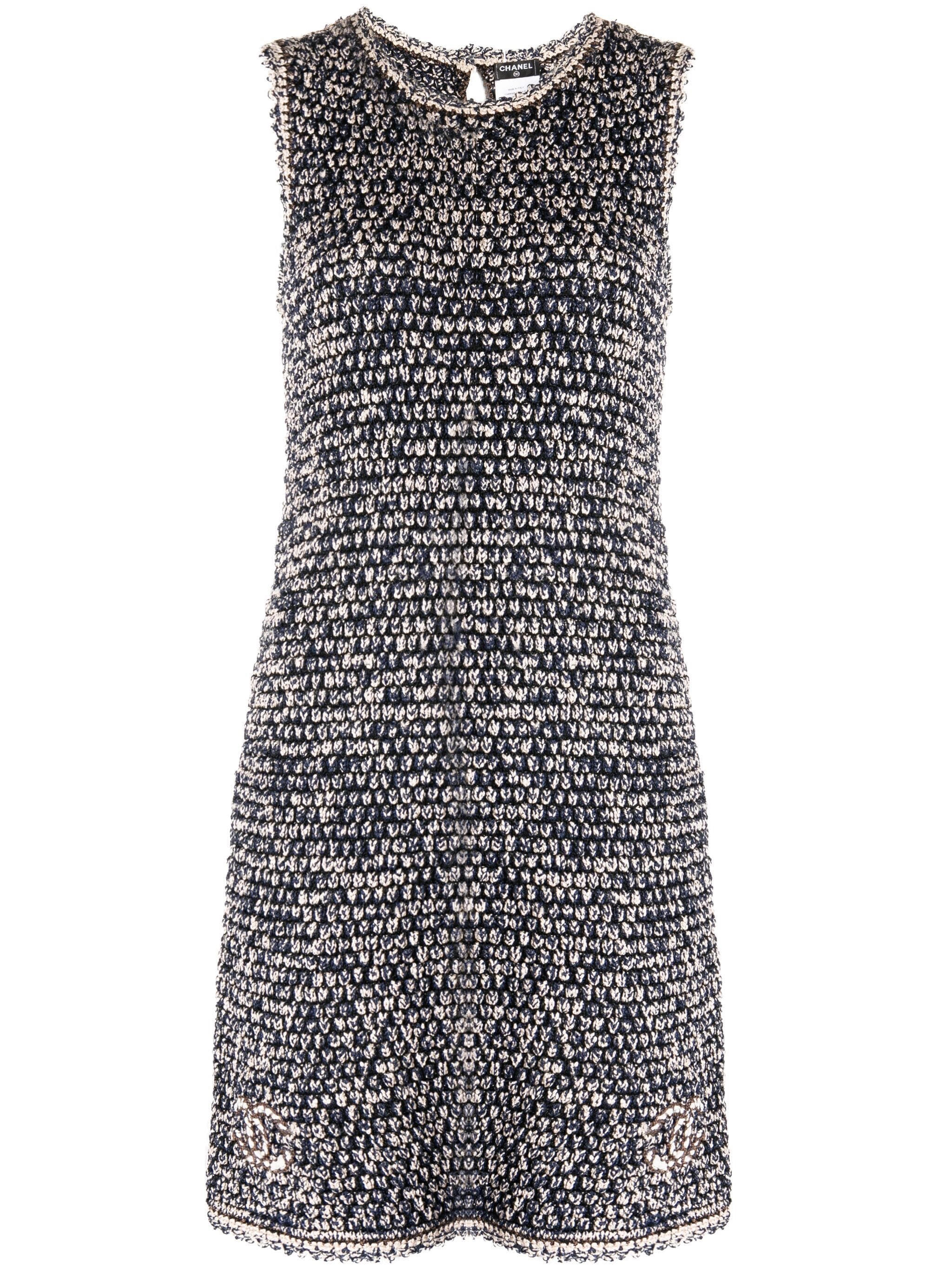 Preowned Chanel Navy Blue Crochet Mini Dress Size S woven tweed