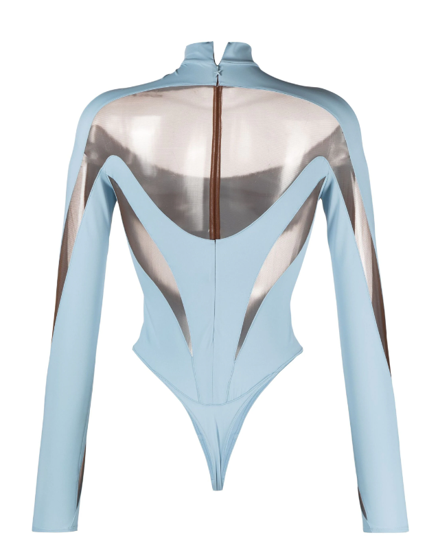 Mugler Light Blue Mock Neck Illusion Bodysuit Size XS Light Blue / Nude cotton