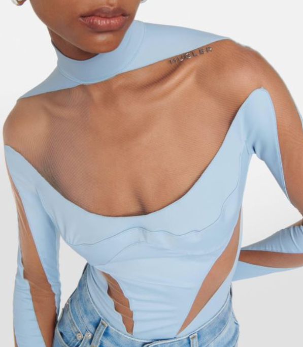 Mugler Light Blue Mock Neck Illusion Bodysuit Size XS Light Blue / Nude cotton