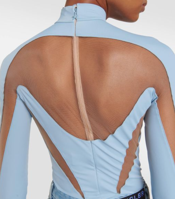 Mugler Light Blue Mock Neck Illusion Bodysuit Size XS Light Blue / Nude cotton